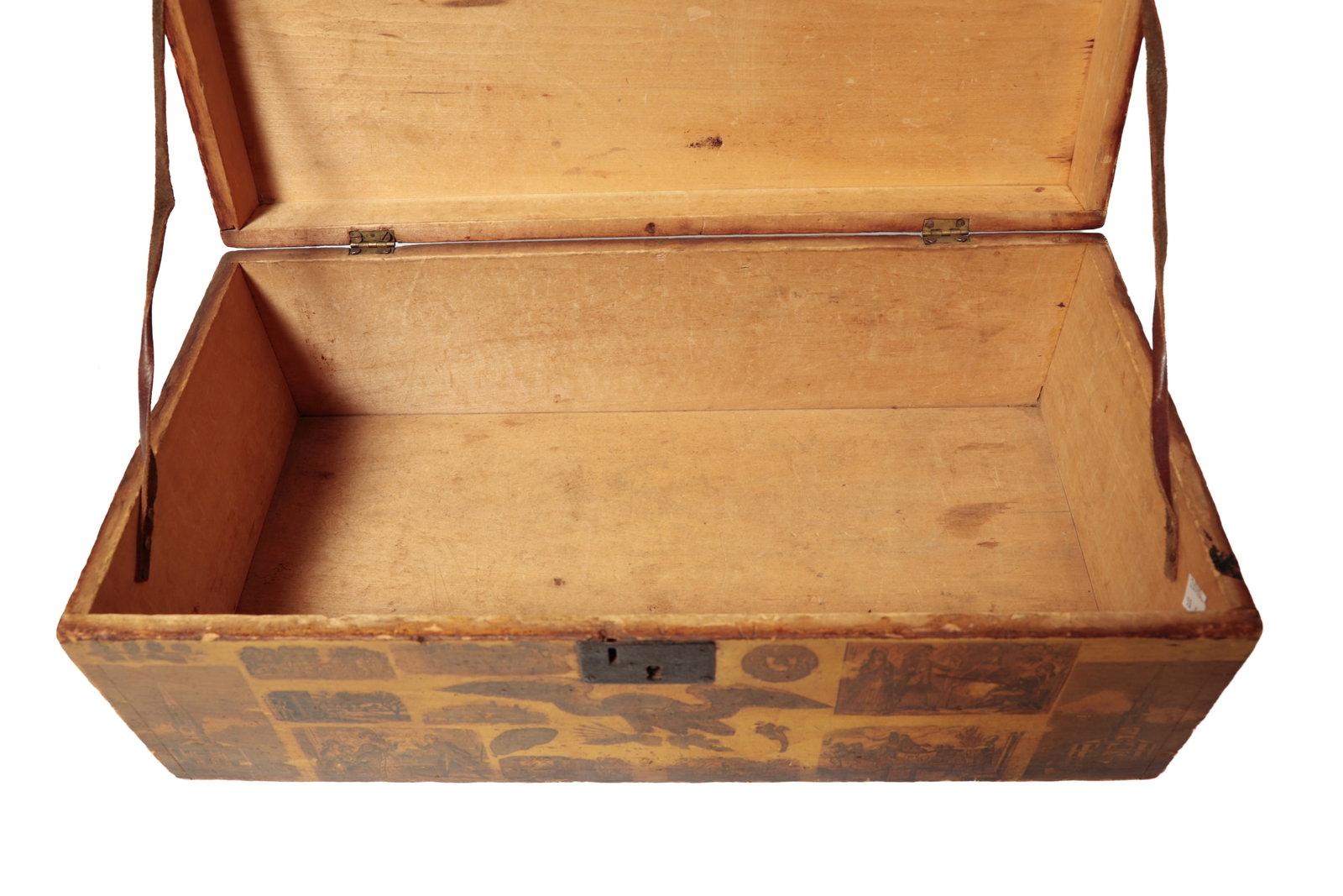 MUSTARD-PAINTED DOCUMENT BOX WITH DECOUPAGED DECALS. - 8
