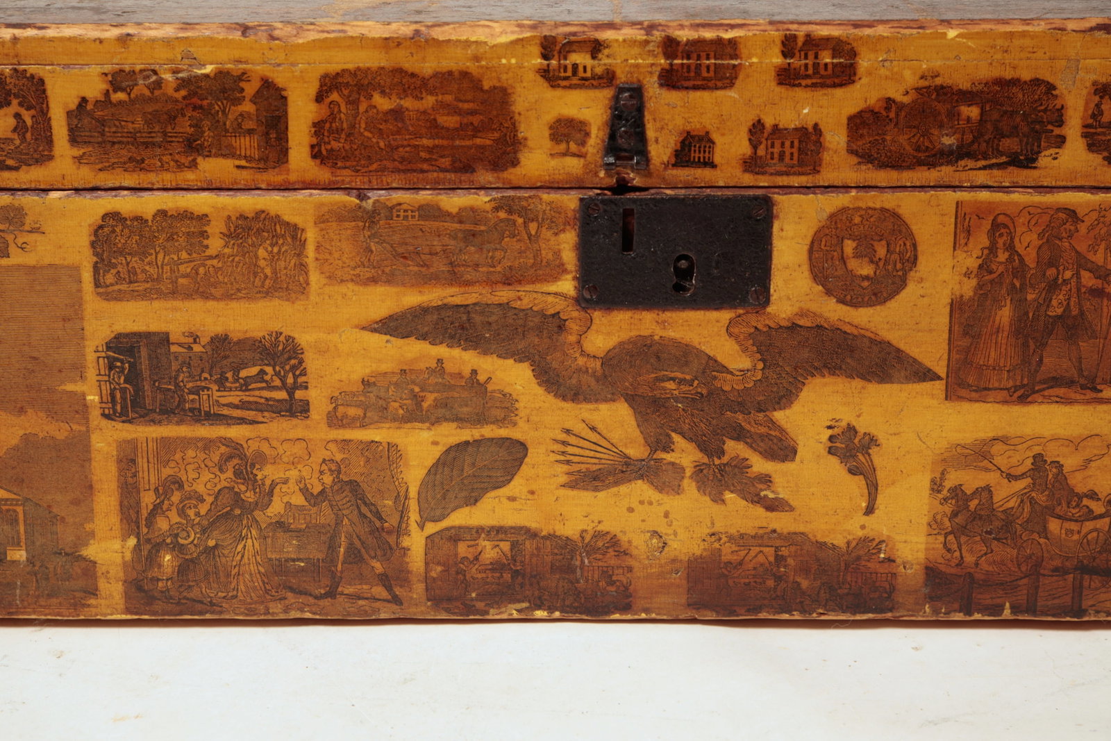 MUSTARD-PAINTED DOCUMENT BOX WITH DECOUPAGED DECALS. - 9