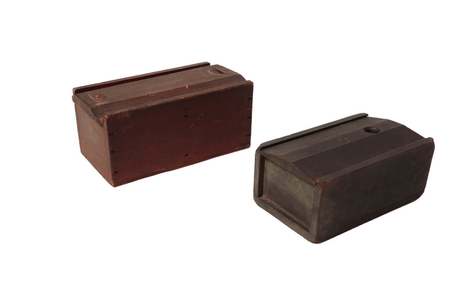 OHIO AND NEW HAMPSHIRE SLIDE-LID BOXES WITH ORIGINAL PAINT.: OHIO AND NEW HAMPSHIRE SLIDE-LID BOXES WITH ORIGINAL PAINT. American, 19th Century. Ohio slide lid box with perforated pull, canted lid, square nail construction, divided interior containing 24 wooden