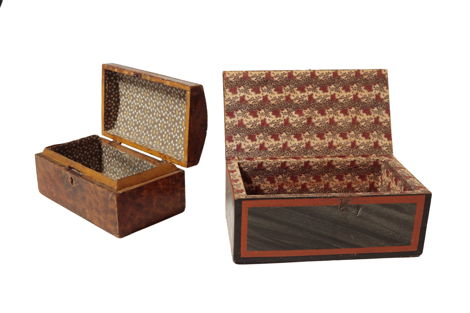 TWO PAINT-DECORATED DOCUMENT BOXES.: TWO PAINT-DECORATED DOCUMENT BOXES. American, 19th Century. One likely of basswood, having black and white faux-marble painting with orange and black borders, a brass ring pull on lid, staple hinges,