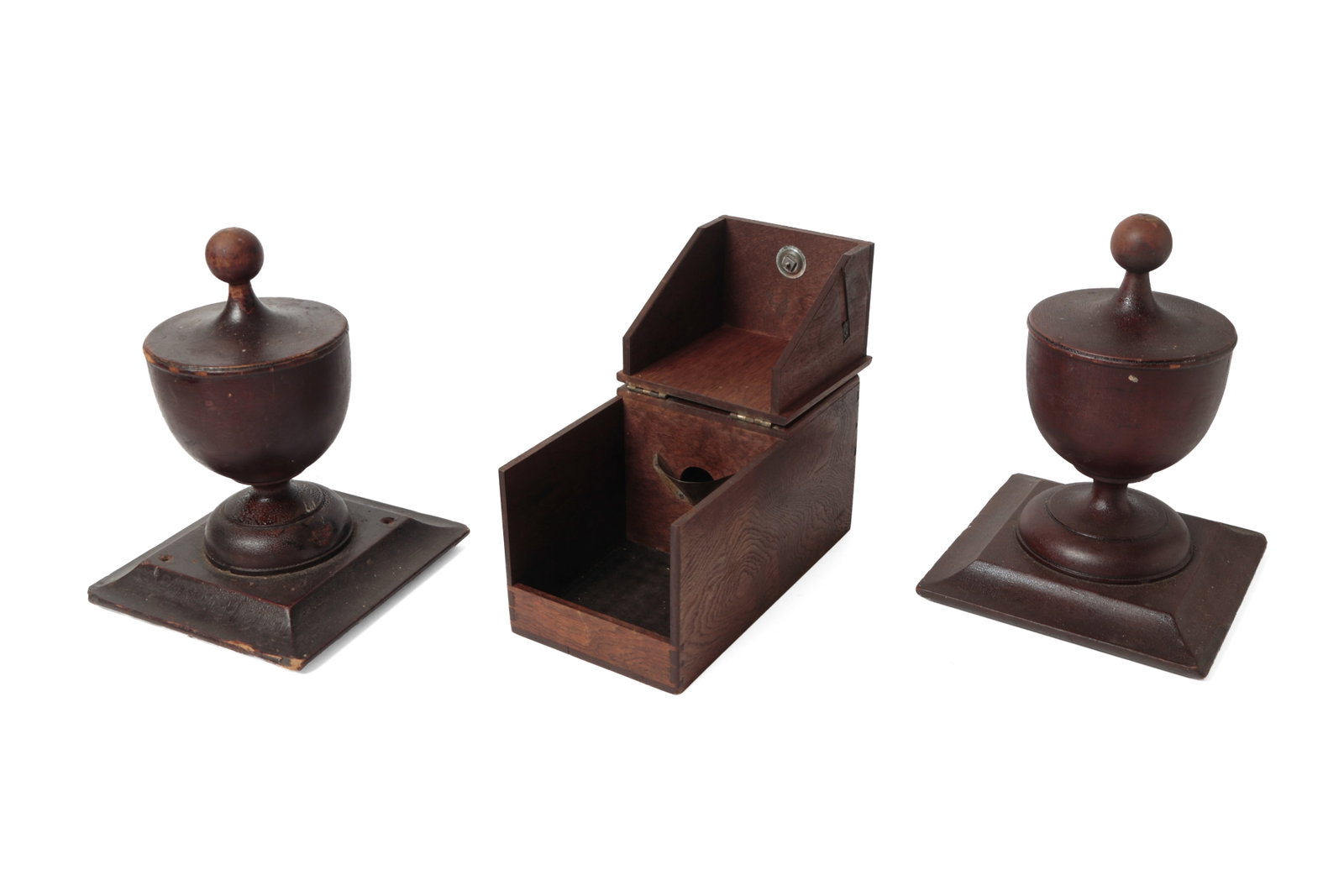 TWO URN-SHAPED FINIALS AND A BALLOT BOX.: TWO URN-SHAPED FINIALS AND A BALLOT BOX. American, 20th Century. Two matching urn finials on bases with alligatored paint, 10"h., 7.5"w., together with a hinged lid ballot box with drawer containing