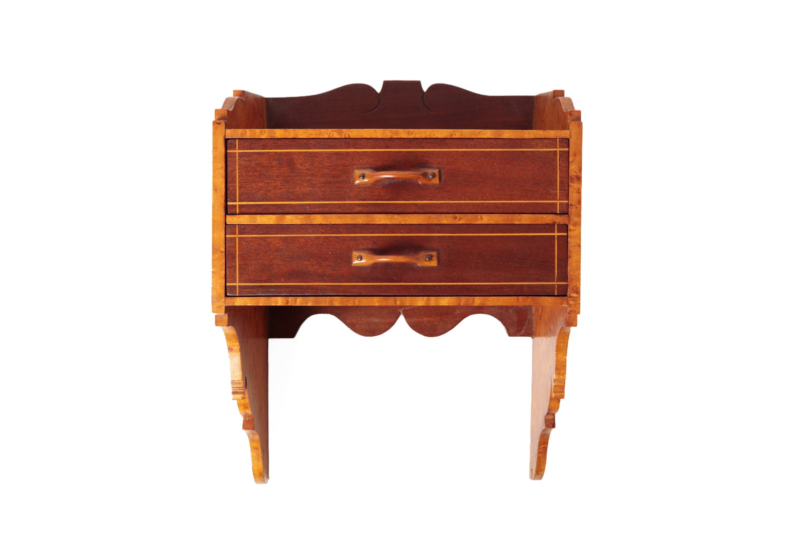 DIMINUTIVE FOLKSY BIRD'S-EYE MAPLE AND MAHOGANY HANGING SHELF. (1 of 9)