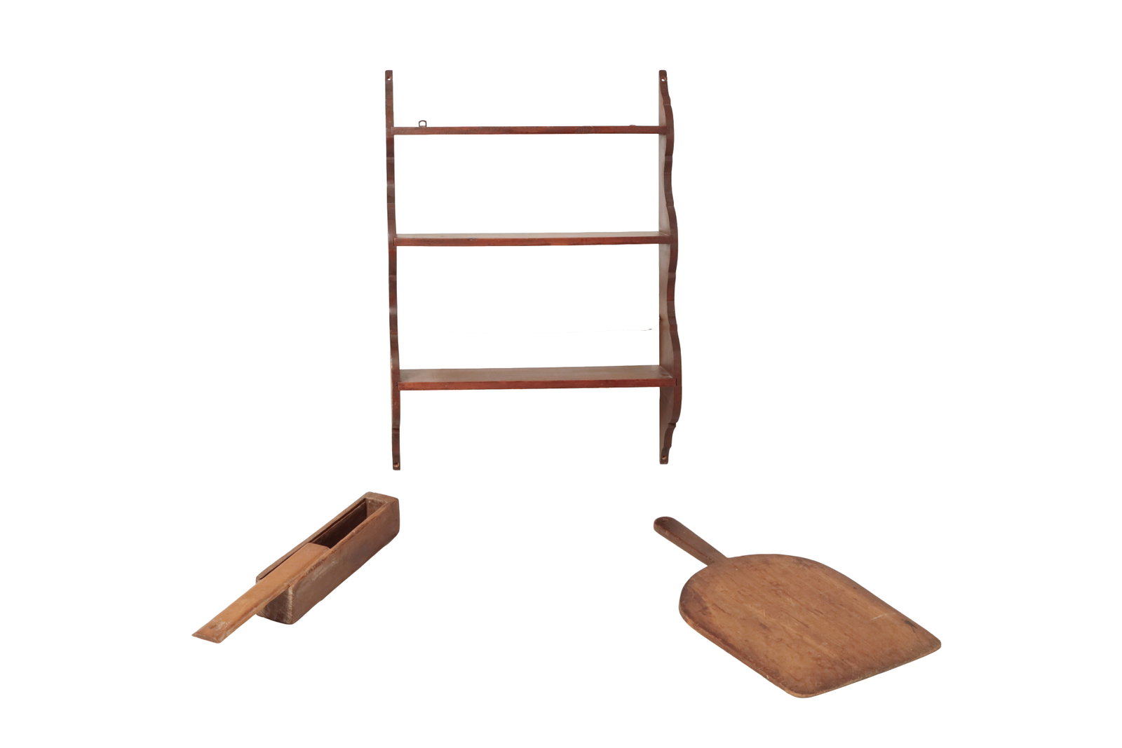 THREE WOODEN ITEMS: SLIDE LID BOX, PEEL, AND A SET OF SHELVES. (1 of 12)