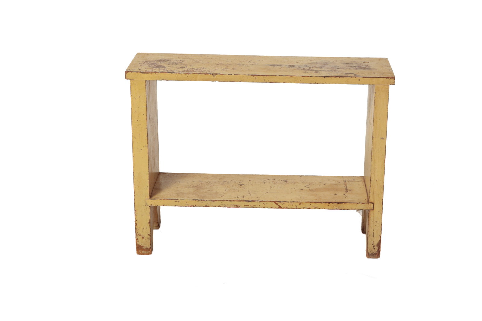 PAINTED COUNTRY BUCKET BENCH.: PAINTED COUNTRY BUCKET BENCH. American, second half 19th Century. Pine. Single-board top, two fixed shelves, and thick sides with bootjack cutouts. Old yellow over gray paint. 23"h. 34.25"w.