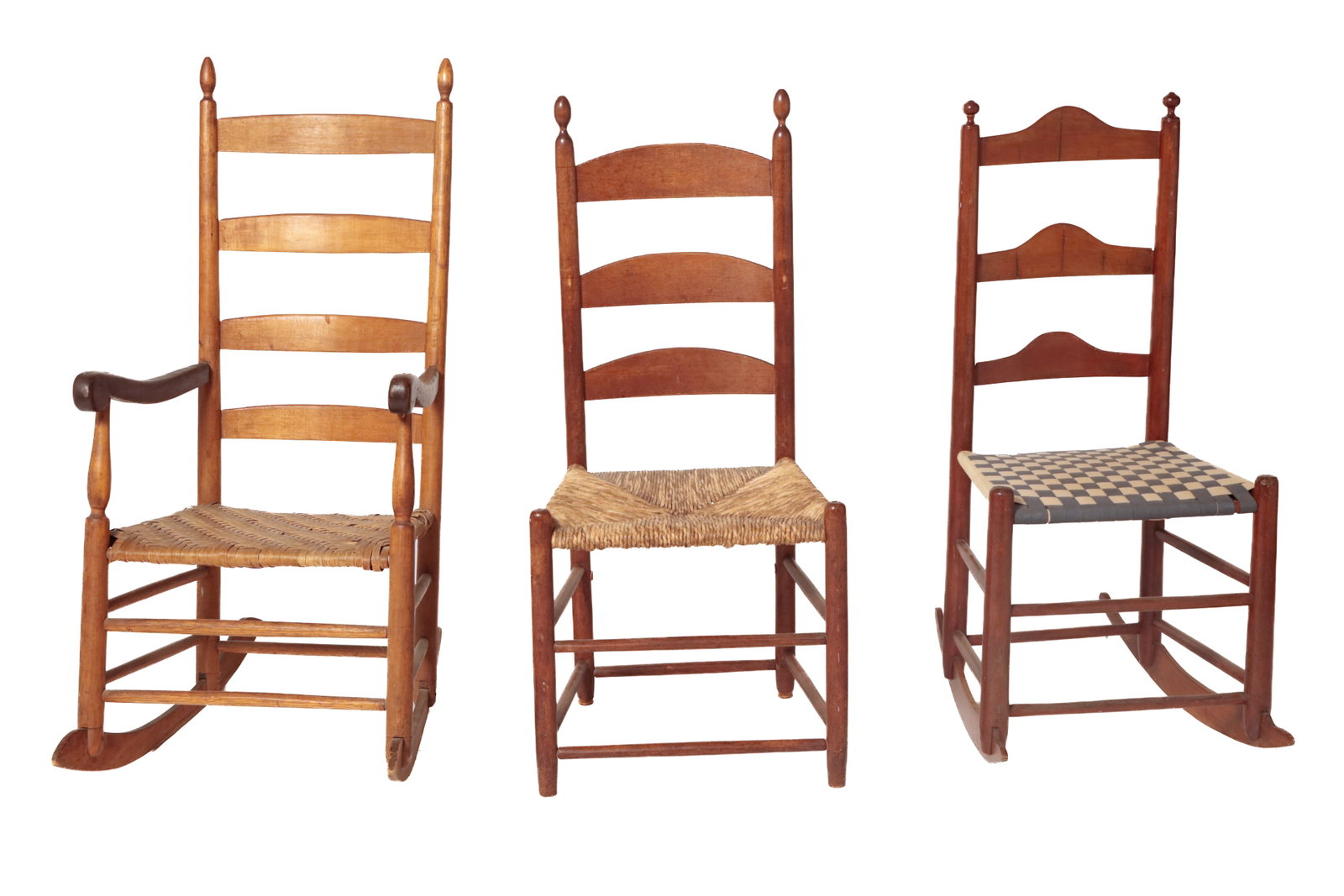 TWO LADDERBACK ROCKERS AND A LADDERBACK SIDE CHAIR, TWO SHAKER STYLE. (1 of 14)