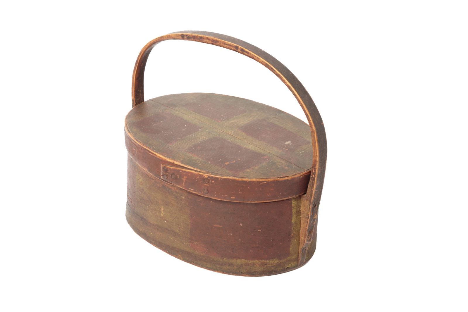OVAL PAINT-DECORATED BENTWOOD CARRIER.: OVAL PAINT-DECORATED BENTWOOD CARRIER. American, 19th Century. Found near Sabbath Day Lake, Maine. Oval carrier, tacked seams, stationary handle, and decorated in original red and mustard paint. 9"h.