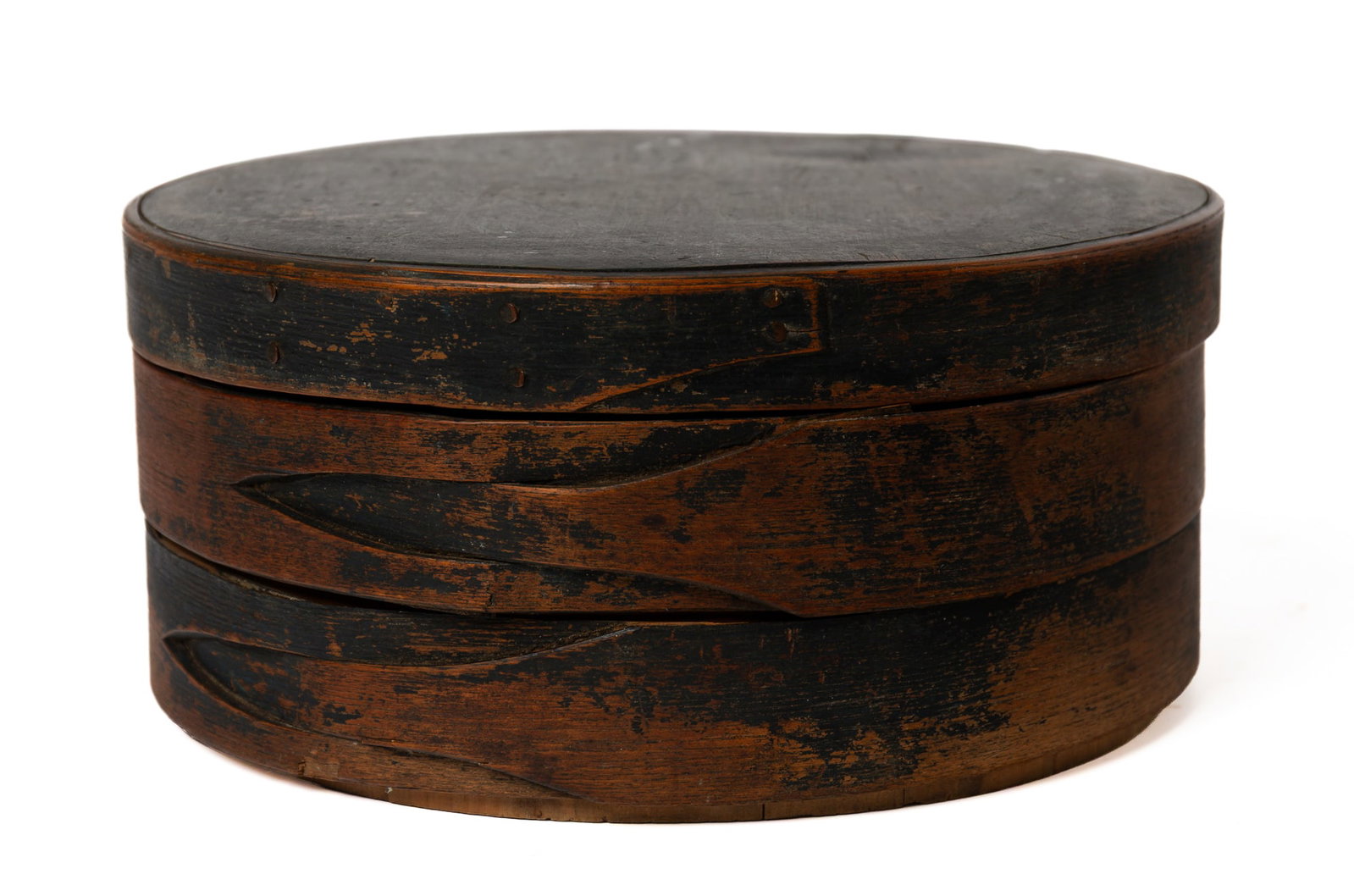 LARGE LIDDED BENTWOOD CHEESE BOX IN ORIGINAL PAINT.: LARGE LIDDED BENTWOOD CHEESE BOX IN ORIGINAL PAINT. American, 19th Century. Round form with tacked finger joint on the lid, interlaced bands on the body, and in original, worn dark blue paint. 6.5"h.