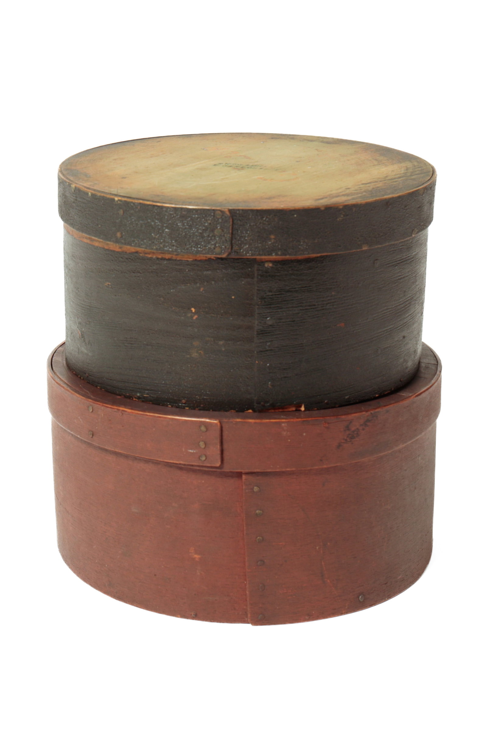 TWO BENTWOOD PANTRY BOXES IN ORIGINAL PAINT.: TWO BENTWOOD PANTRY BOXES IN ORIGINAL PAINT. American, 19th Century. Both having lapped seams with copper tacks. One in dark green paint, the lid stamped "Thomas Annett E. Jaffrey NH" over remnant of