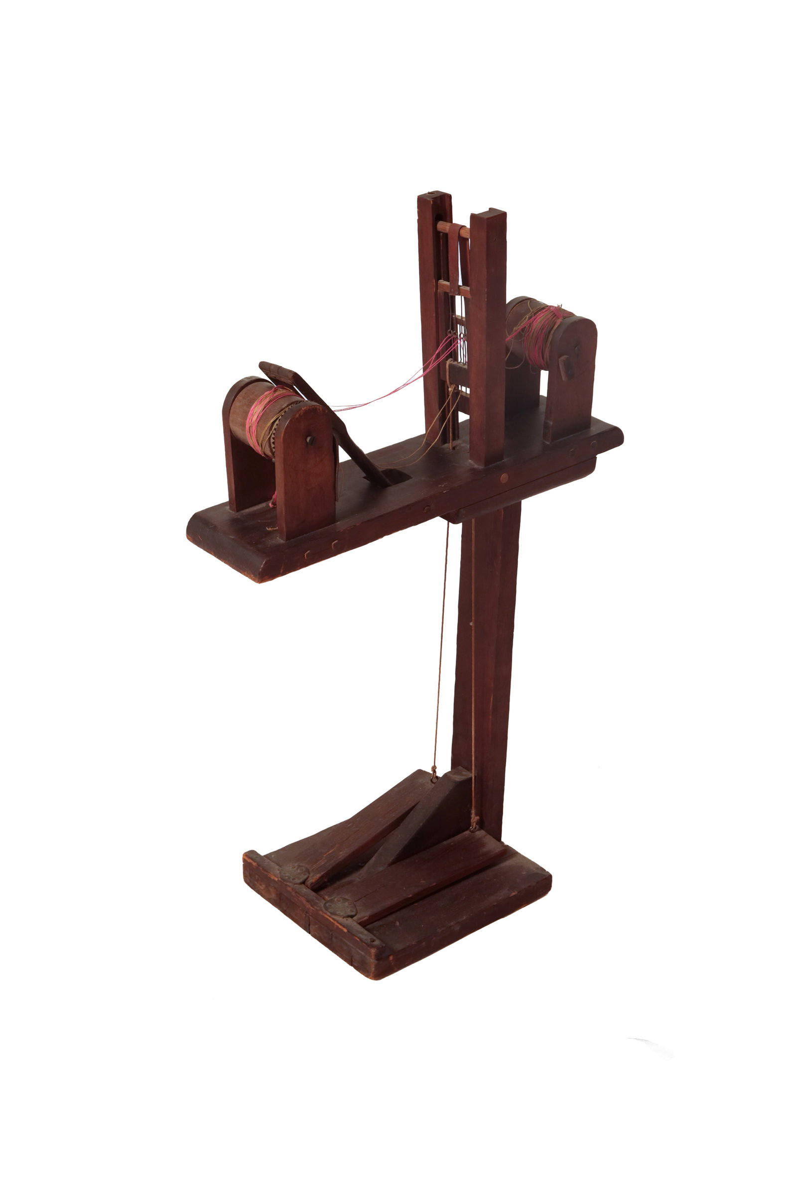 SHAKER STANDING TAPE LOOM.: SHAKER STANDING TAPE LOOM. American, 19th Century. Wooden loom with treadles, heddles, paddles, and rollers, of pegged construction with metal hardware. 35.5"h. 11"w. 22.5"d. Provenance: Willis Henry