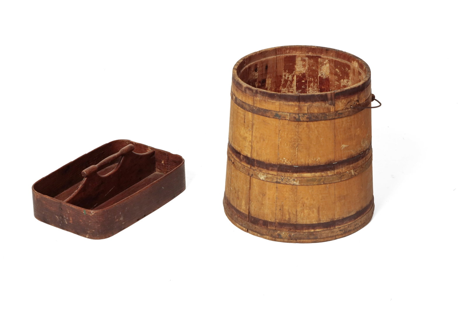 SHAKER STAVED BUCKET WITH MUSTARD PAINT AND A SHAKER BENTWOOD CUTLERY BOX.: SHAKER STAVED BUCKET WITH MUSTARD PAINT AND A SHAKER BENTWOOD CUTLERY BOX. American, 19th Century. Wooden bucket with metal hoops, having canted sides, a bail handle with wood grip, metal diamonds at