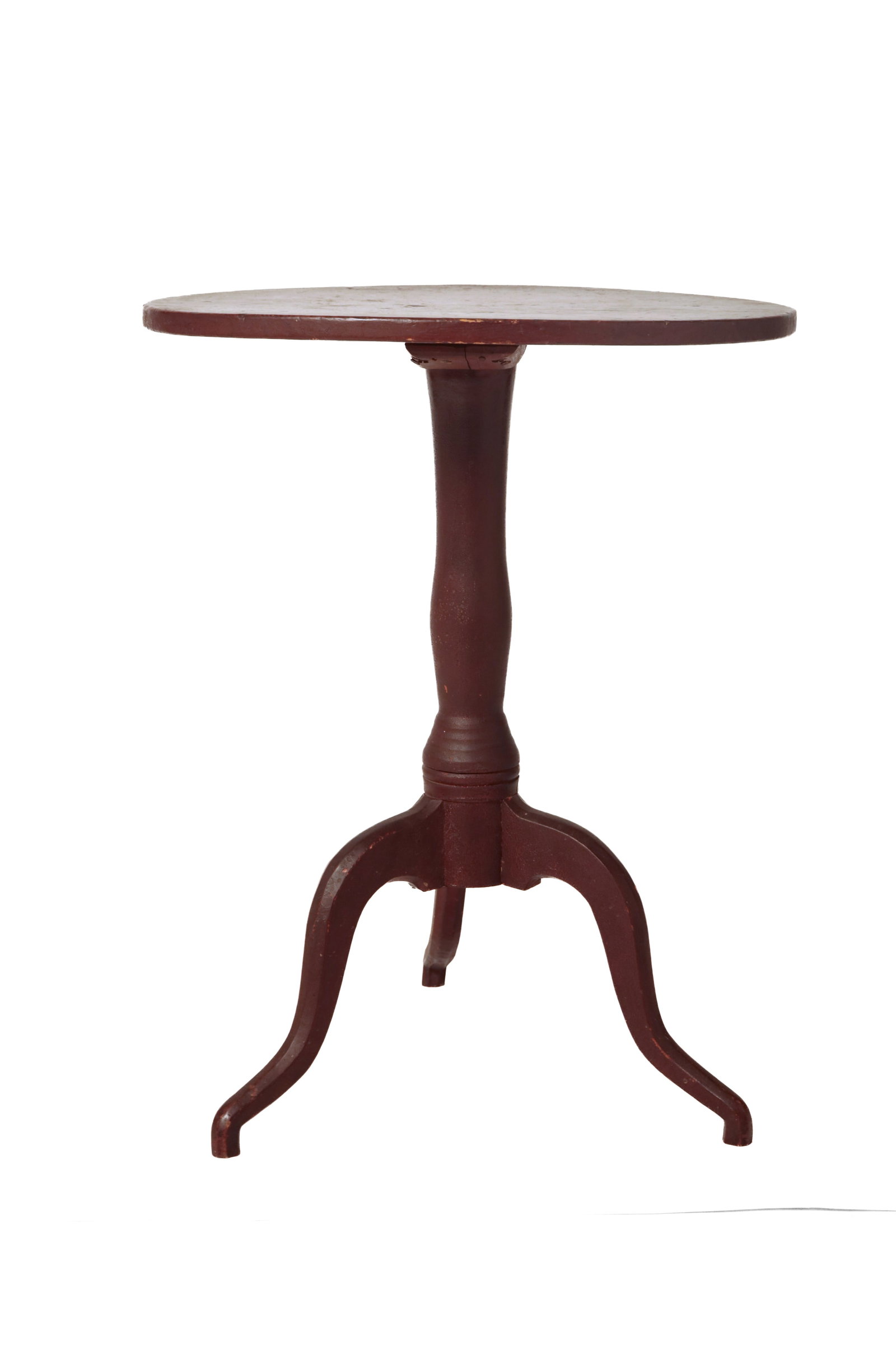 COUNTRY CANDLESTAND WITH ORIGINAL REDDISH-BROWN PAINT.: COUNTRY CANDLESTAND WITH ORIGINAL REDDISH-BROWN PAINT. American, early 19th Century. Oval top, baluster column, and snake legs with beveled edges. 27.75"h. 22"w. 16.25"d.