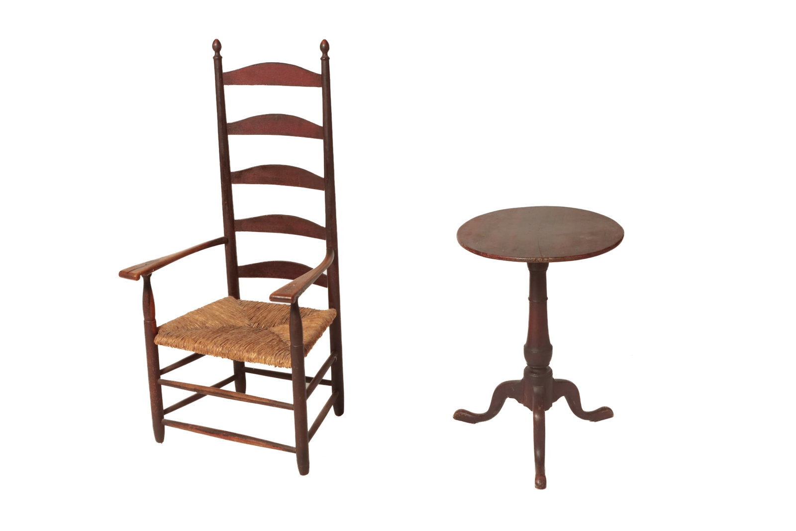 LADDERBACK ARMCHAIR AND QUEEN ANNE CANDLESTAND. (1 of 16)