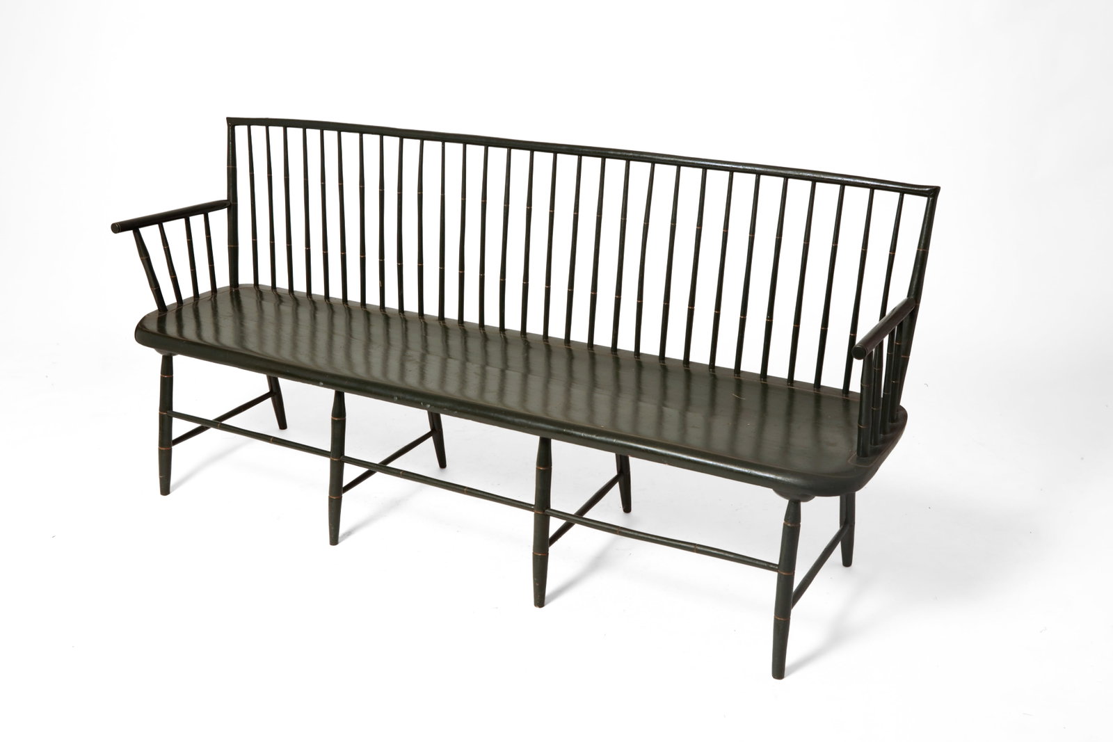 BAMBOO WINDSOR SETTLE BENCH WITH DARK GREEN PAINT AND YELLOW STRIPING. (1 of 9)
