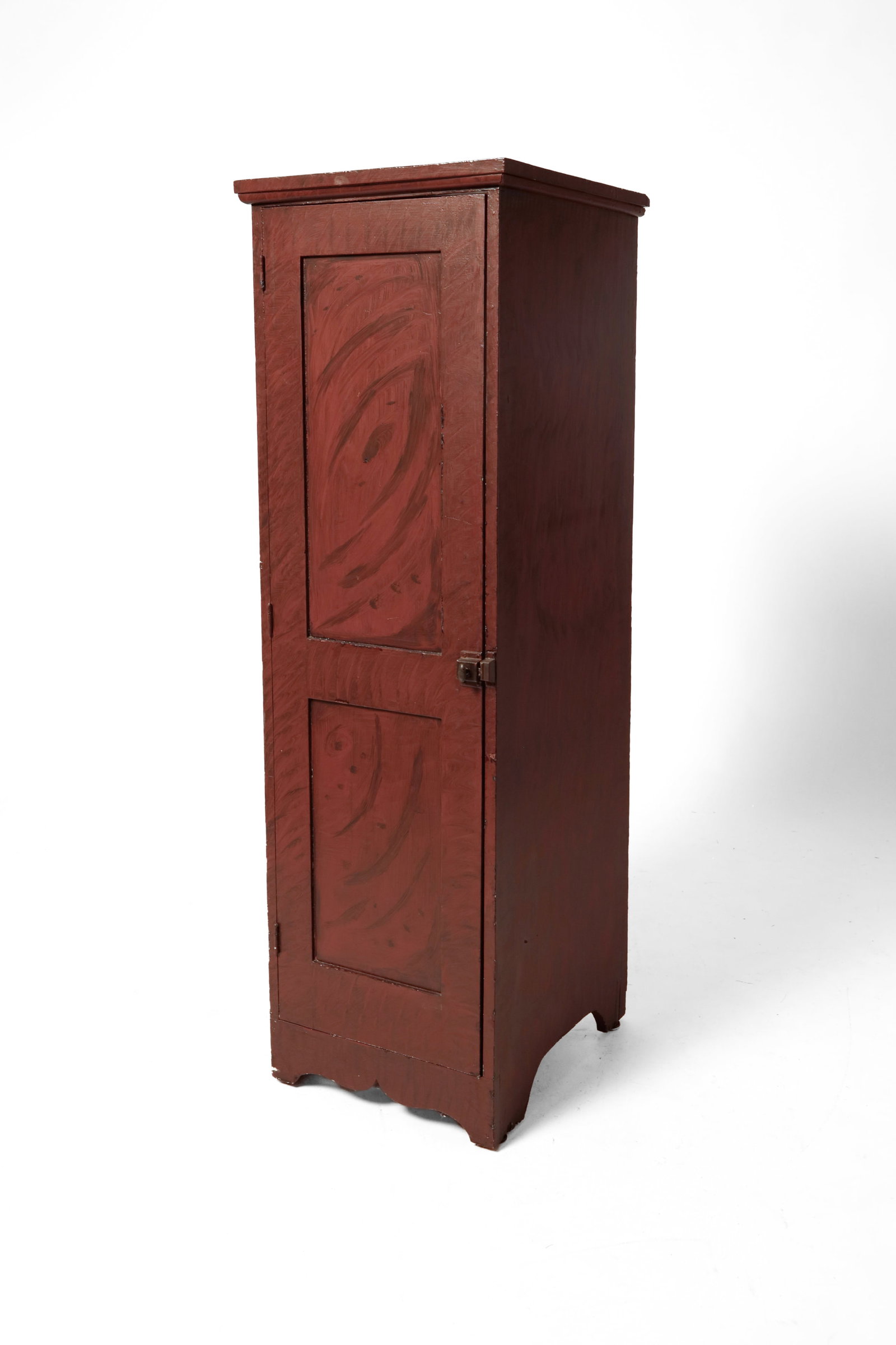 GRAIN-PAINTED CHIMNEY CUPBOARD.: GRAIN-PAINTED CHIMNEY CUPBOARD. American, 19th Century. Pine. One-board top with lower quarter-round molding, solid ends, single two-panel doors, and shaped aprons. Newer dark puce and brown