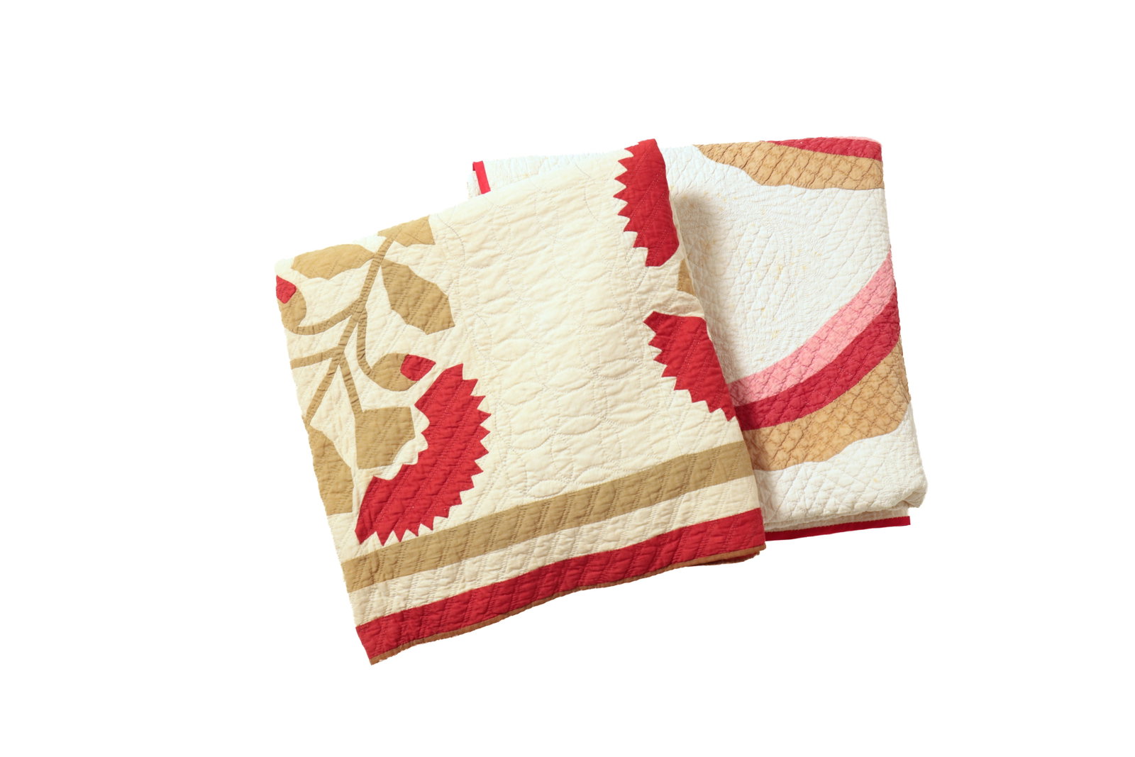 TWO HAND-STITCHED APPLIQUE QUILTS.: TWO HAND-STITCHED APPLIQUE QUILTS. American, late 19th or early 20th Century. Cotton. One with well-quilted white field, red binding, and four large pinwheels in tan, pink, red, and yellow solid-color