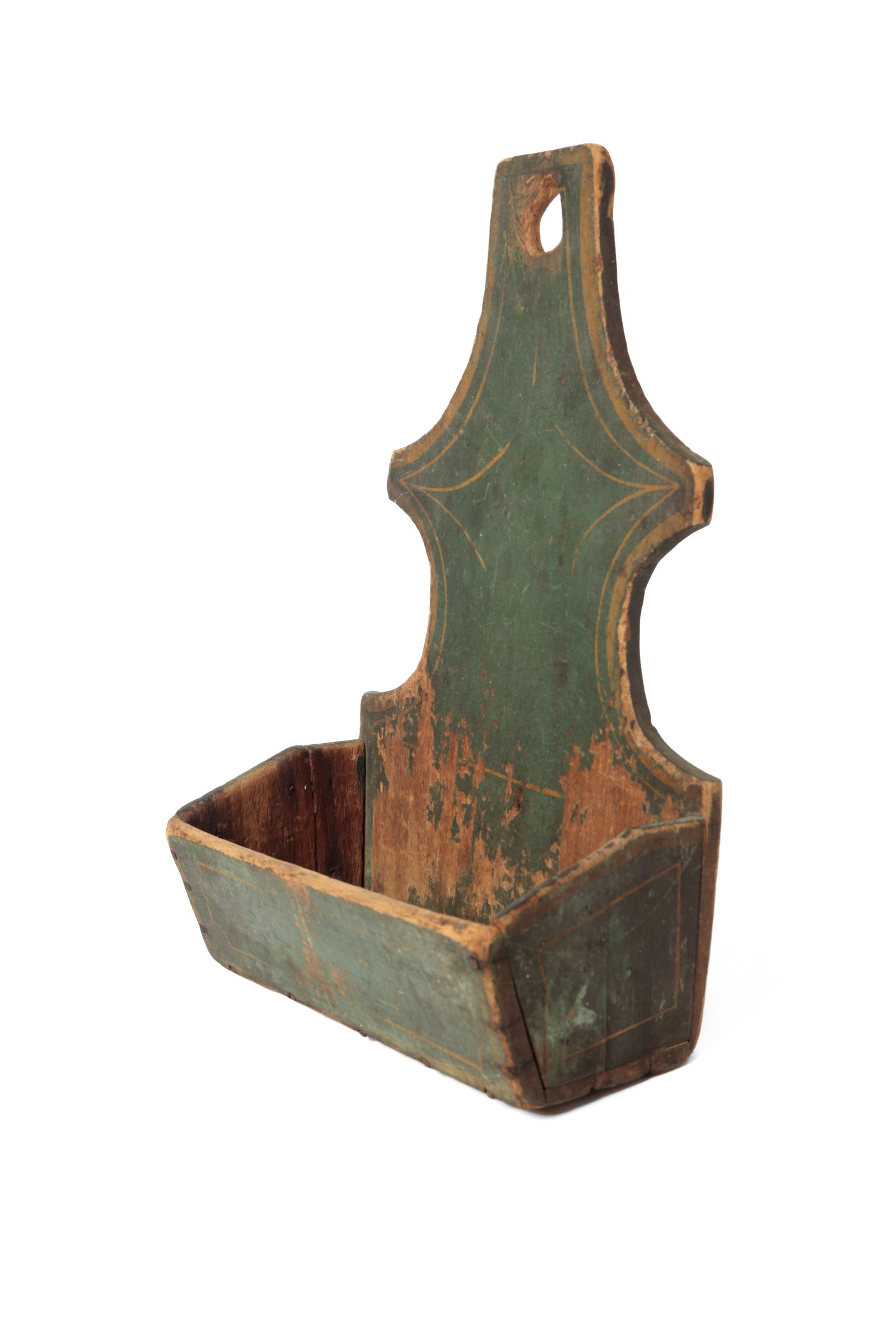 FOLKSY HANGING WALL BOX WITH ORIGINAL PAINT.: FOLKSY HANGING WALL BOX WITH ORIGINAL PAINT. American (New England), 19th Century. Pine. Tall shaped back with hole for hanging, single rectangular well, and square nail construction. In original