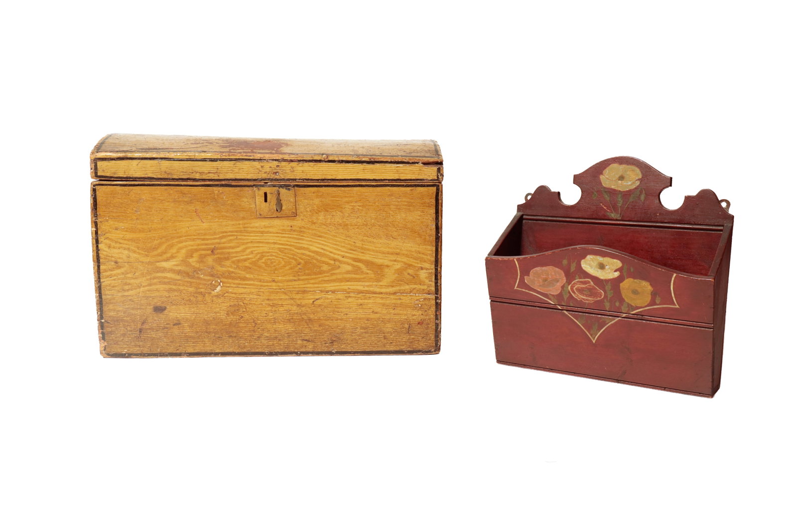 PAINT-DECORATED WALL POCKET AND DOME TOP TRUNK.: PAINT-DECORATED WALL POCKET AND DOME TOP TRUNK. American, late 19th or 20th Century. A hanging wall pocket with a shaped top, angled sides, and an arched front, with all-over red paint and painted flo