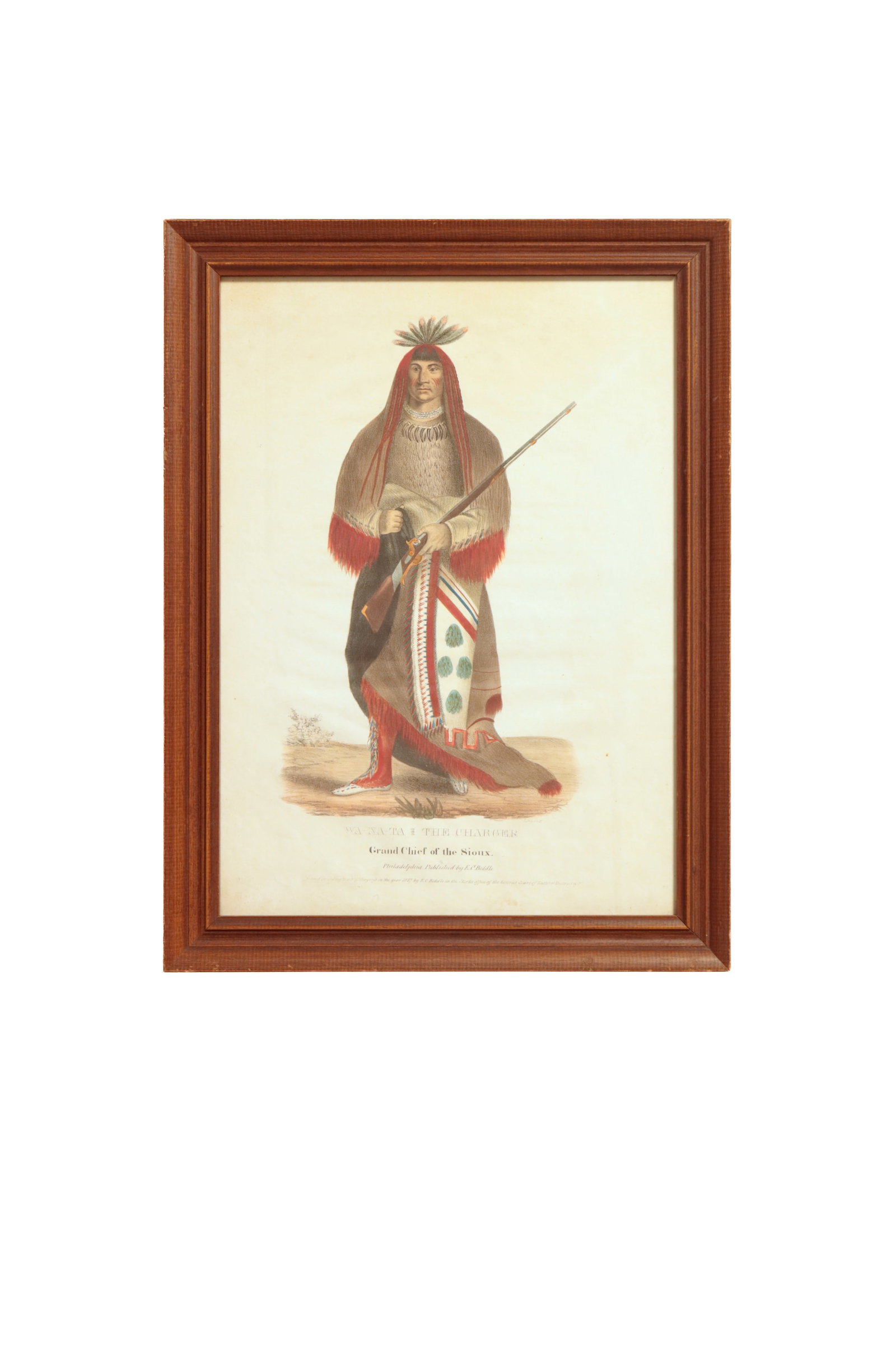 MCKENNEY AND HALL "WANATA" HAND-COLORED LITHOGRAPH, DATED 1837.: MCKENNEY AND HALL "WANATA" HAND-COLORED LITHOGRAPH, DATED 1837. American (Philadelphia, Pennsylvania). Published by E.C. Biddle. Depiction of "Wa-Na-Ta, The Charger / Grand Chief of the Sioux". In a w