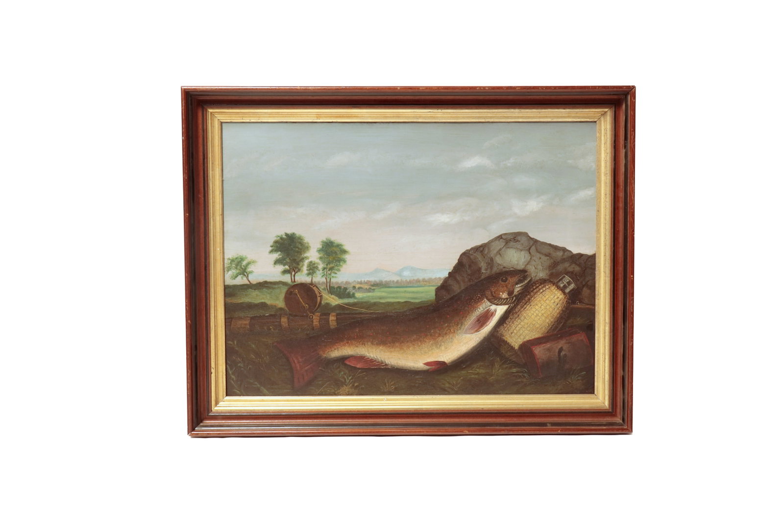 AMERICAN SCHOOL OIL ON CANVAS OF LARGE BROOK TROUT ON A GRASSY RIVERBANK. (1 of 3)