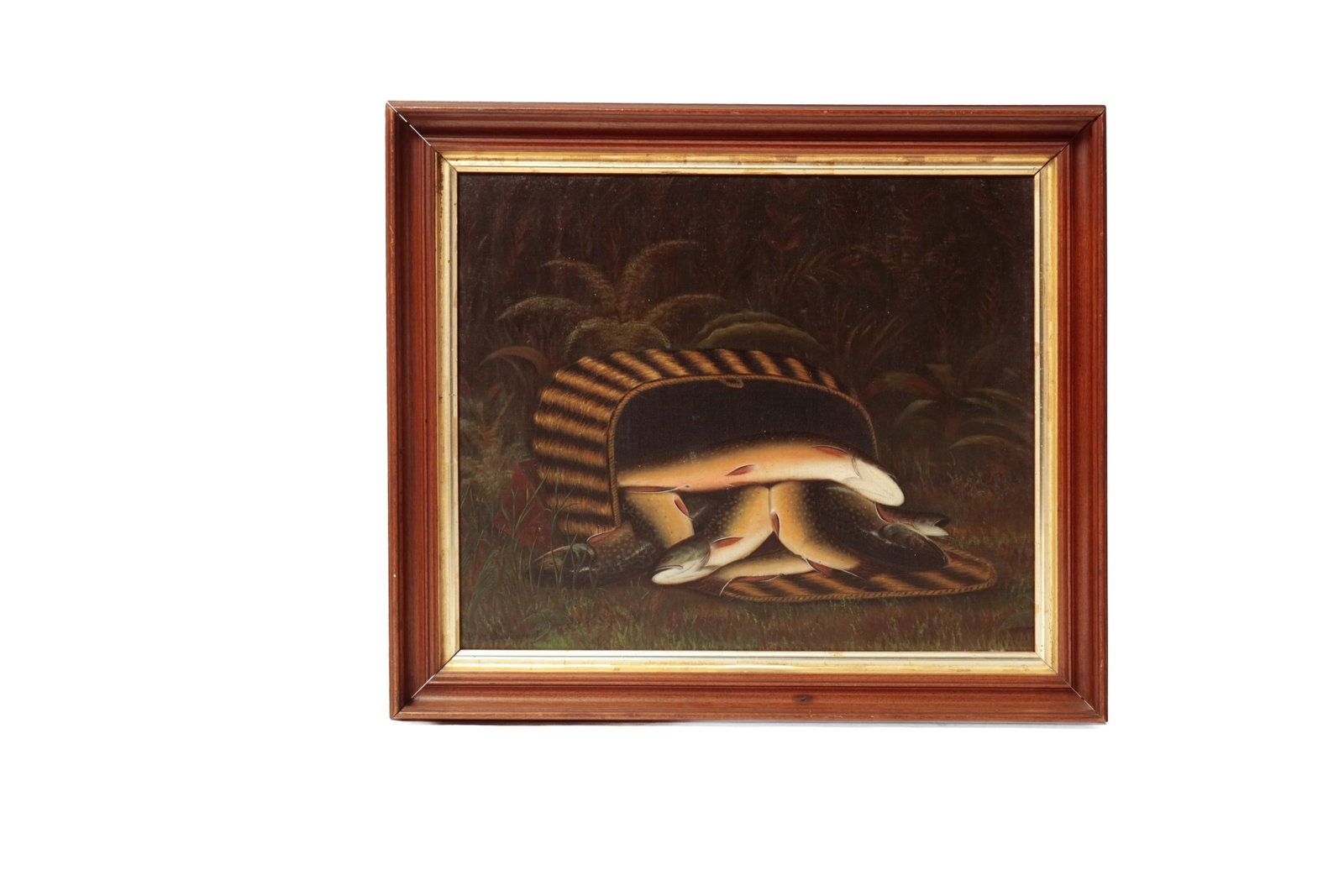 "A DAY’S CATCH" OIL ON CANVAS, SIGNED B. W. DAVENPORT.: "A DAY’S CATCH" OIL ON CANVAS, SIGNED B. W. DAVENPORT. American, late 19th Century. Signed lower left. A view of trout spilling from a fishing creel on to a grassy bank. 20"h. 24"w. In a wooden fram
