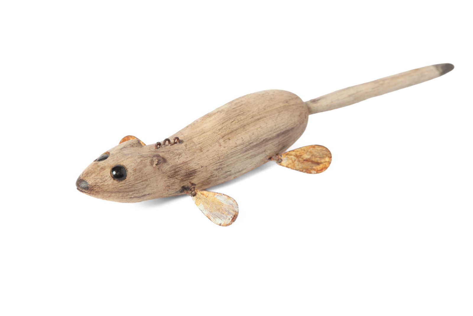 FOLK ART CARVED AND PAINTED WEASEL ICE FISHING DECOY. (1 of 9)