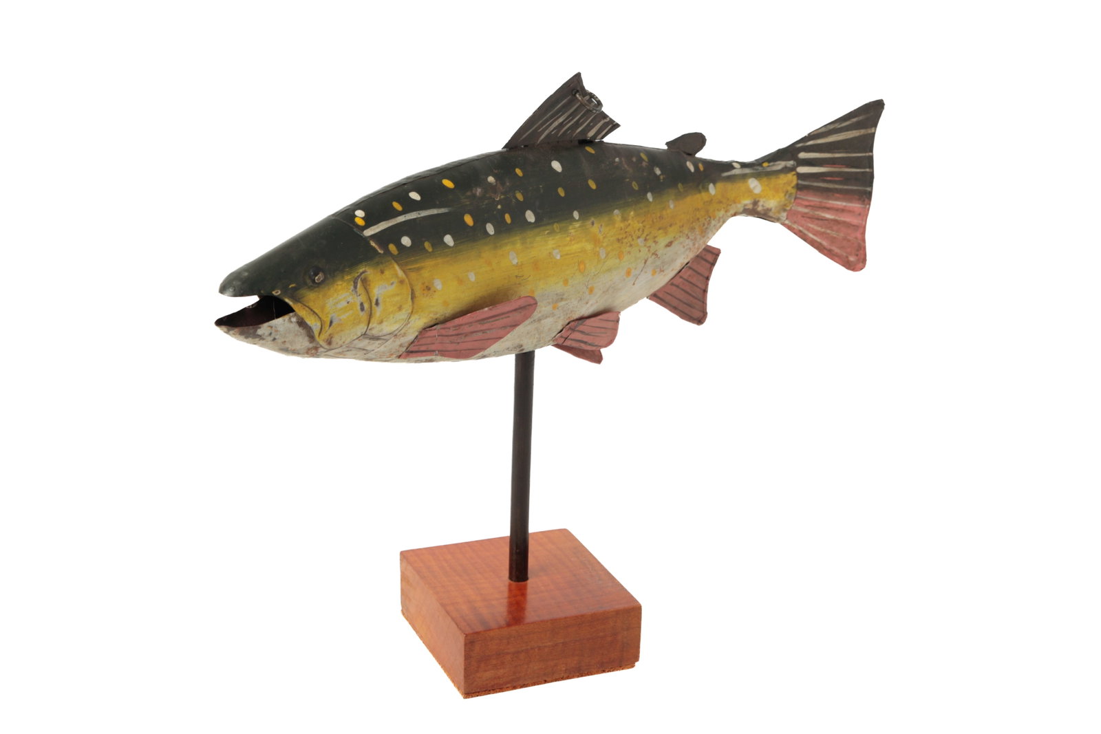 FOLK ART PAINTED SHEET METAL SPOTTED TROUT DECOY. (1 of 9)