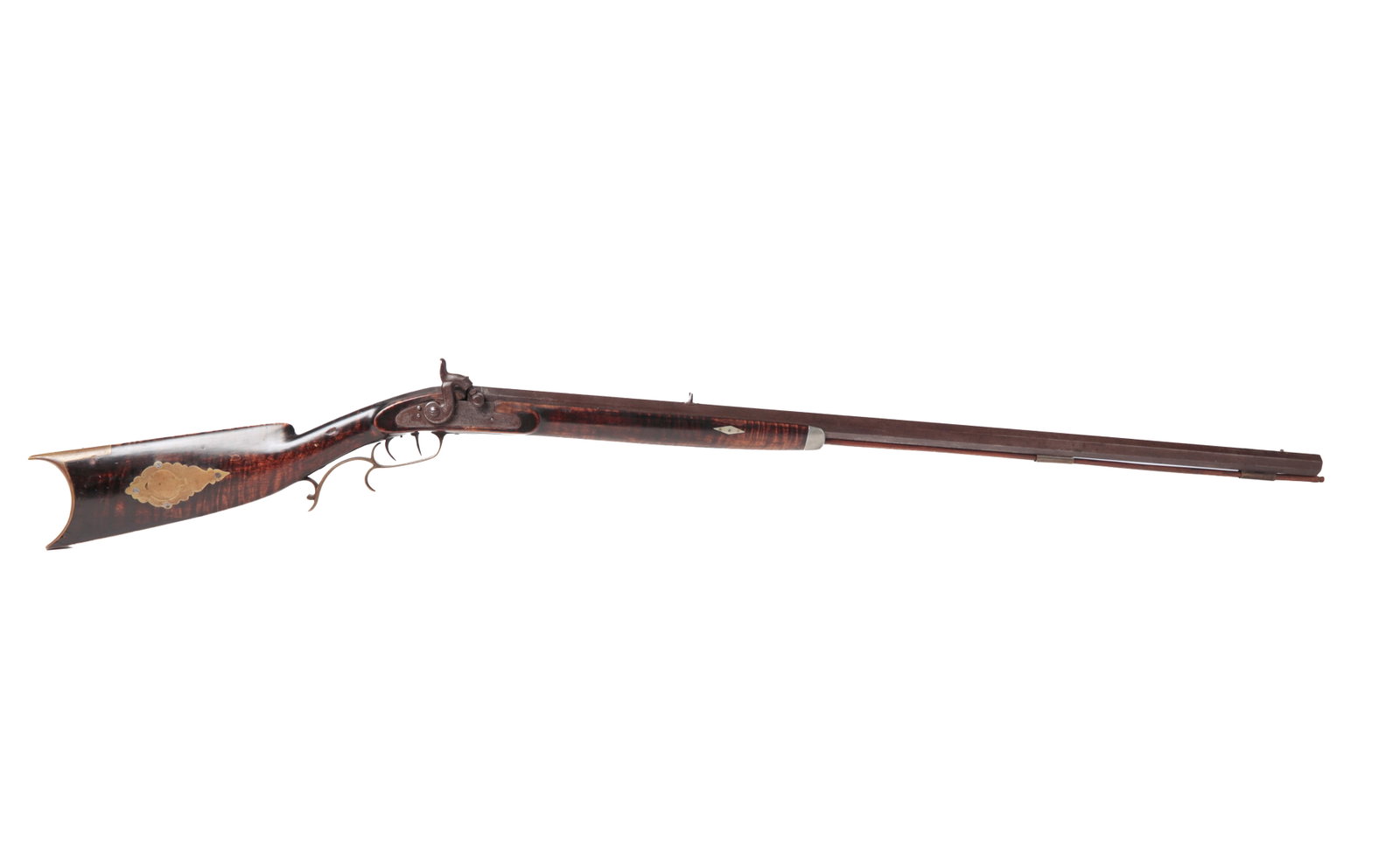 TRYON TIGER MAPLE HALF STOCK 36 CALIBER RIFLE.: TRYON TIGER MAPLE HALF STOCK 36 CALIBER RIFLE. American (Philadelphia, Pennsylvania), mid- 19th century. Octagonal barrel marked on left side, pewter nose cap, brass trigger guard, patch box and butt 