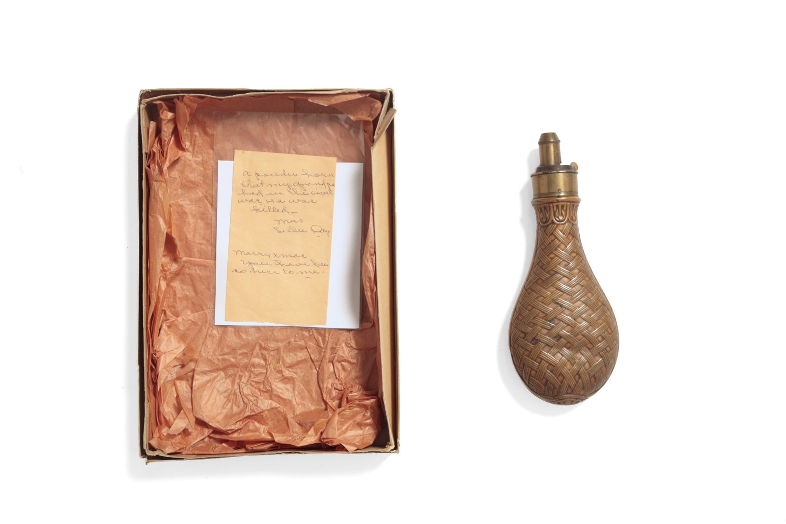 BRASS CIVIL WAR POWDER FLASK. (1 of 8)