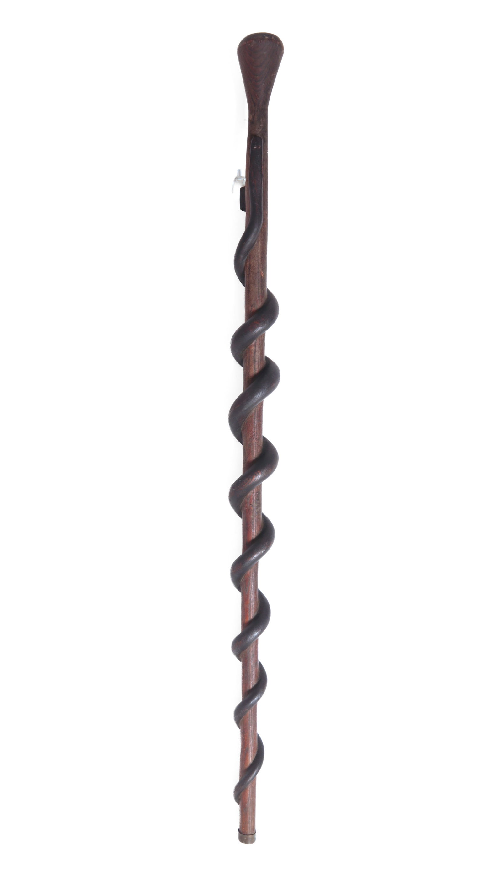 FOLKSY CARVED SNAKE CANE.: FOLKSY CARVED SNAKE CANE. American, early 20th Century. A plain, tapered stick with a knob top and a black-painted snake twisted around the stick. 39.5"h.