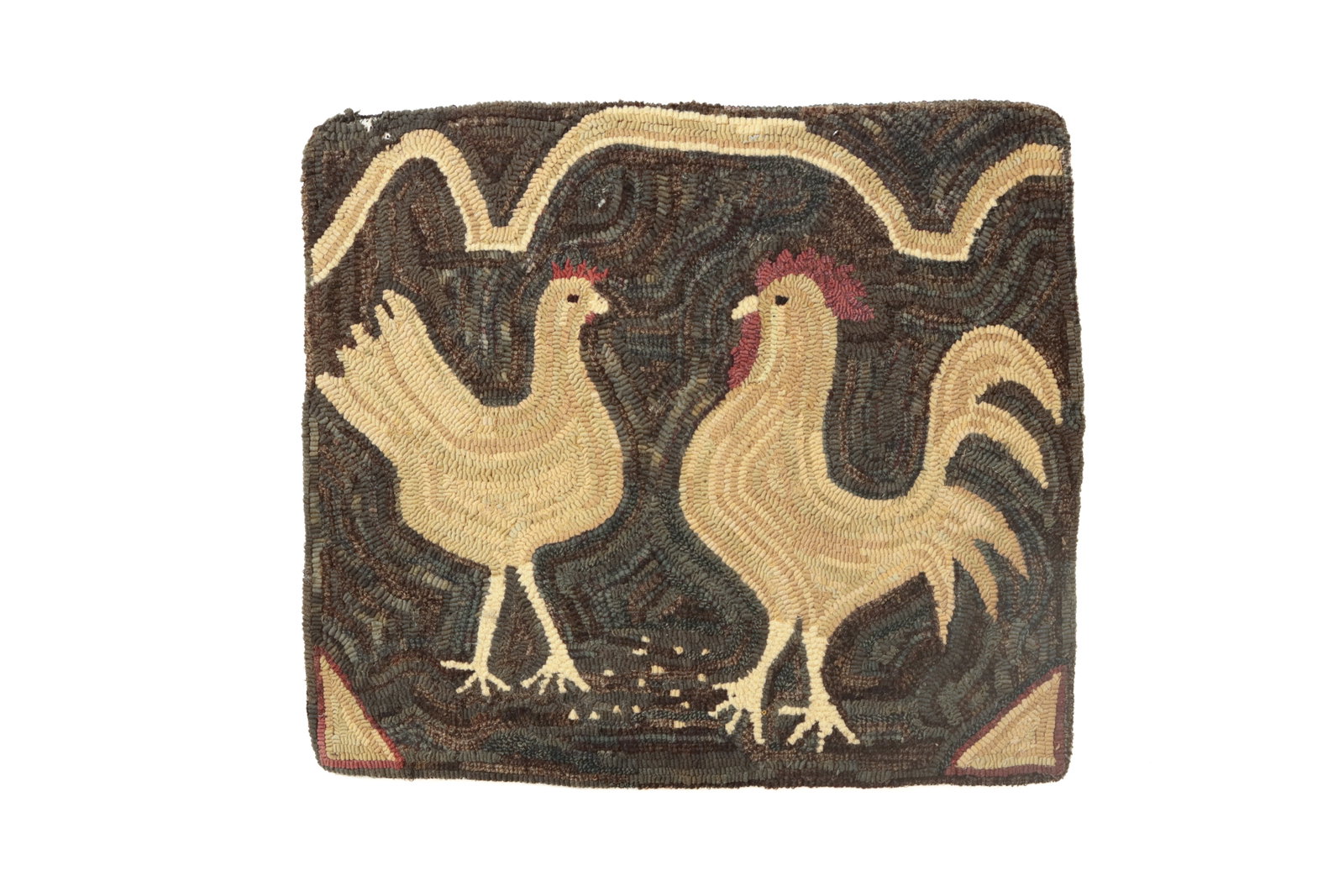 FOLKSY HOOKED RUG WITH HEN AND ROOSTER. (1 of 3)
