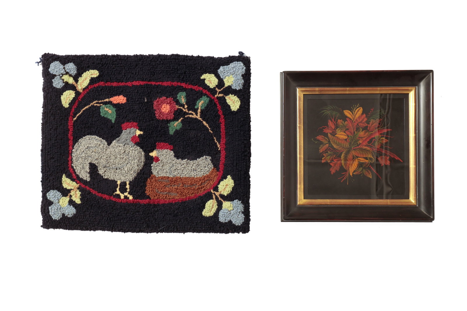 KAREN CRANSON HOOKED RUG OF CHICKENS PLUS PAINTING ON TIN OF FALL LEAVES. (1 of 8)