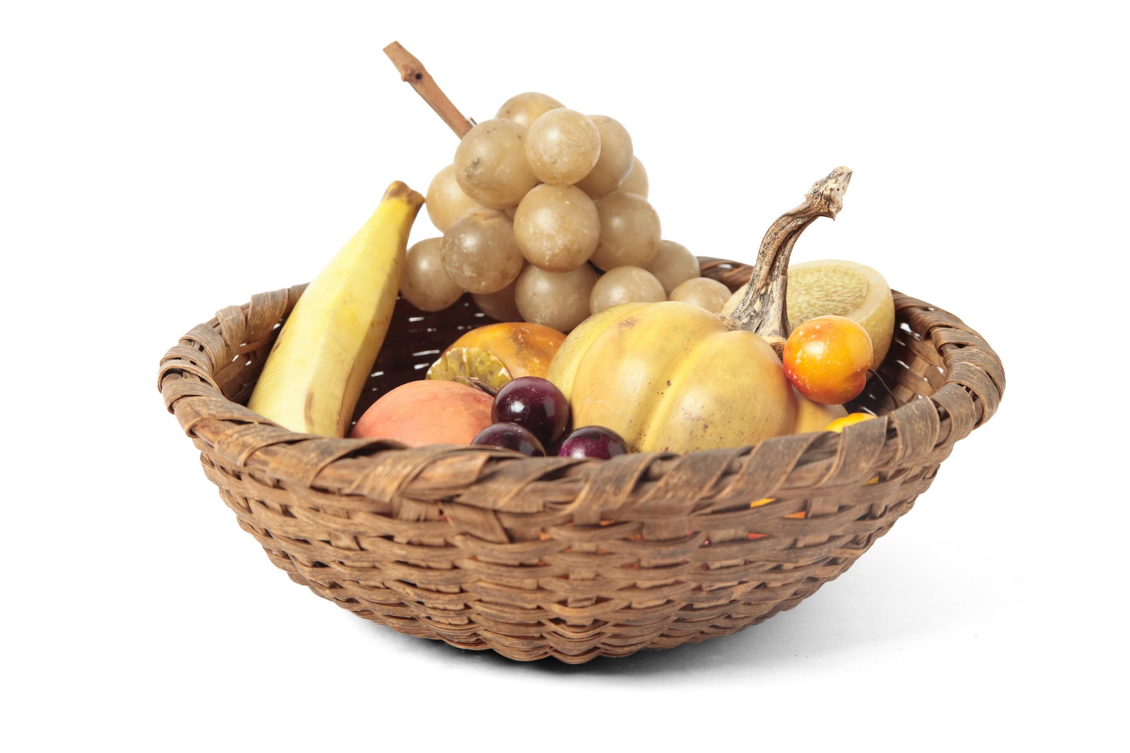 WOVEN SPLINT BASKET WITH STONE FRUITS.: WOVEN SPLINT BASKET WITH STONE FRUITS. American or European, 19th or 20th Century. Round woven splint basket with wrapped rim, filled with ten pieces of stone fruits. Includes a pumpkin, two clusters 