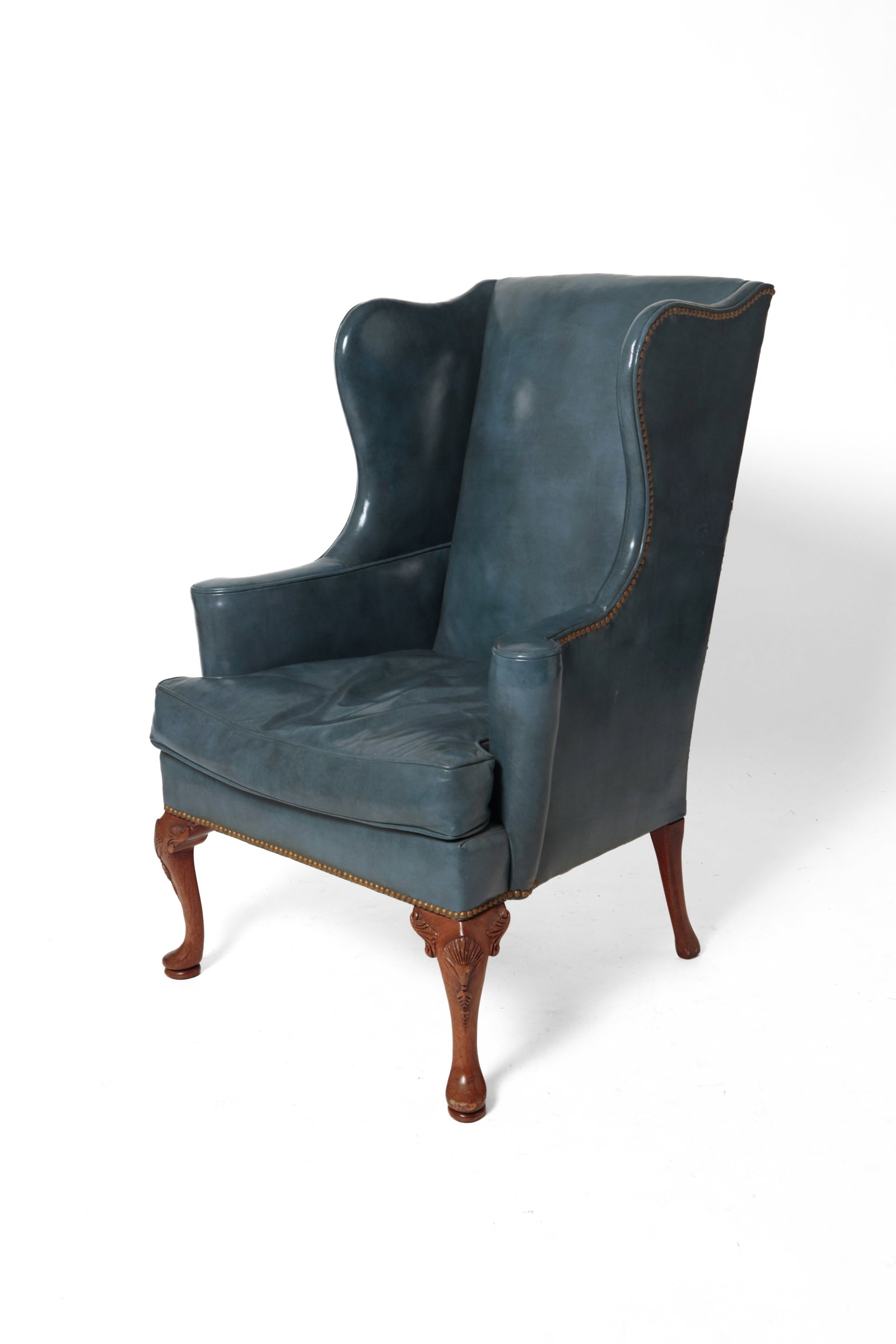 HICKORY CHAIR COMPANY QUEEN ANNE STYLE WINGBACK ARMCHAIR IN BLUE LEATHER. (1 of 9)