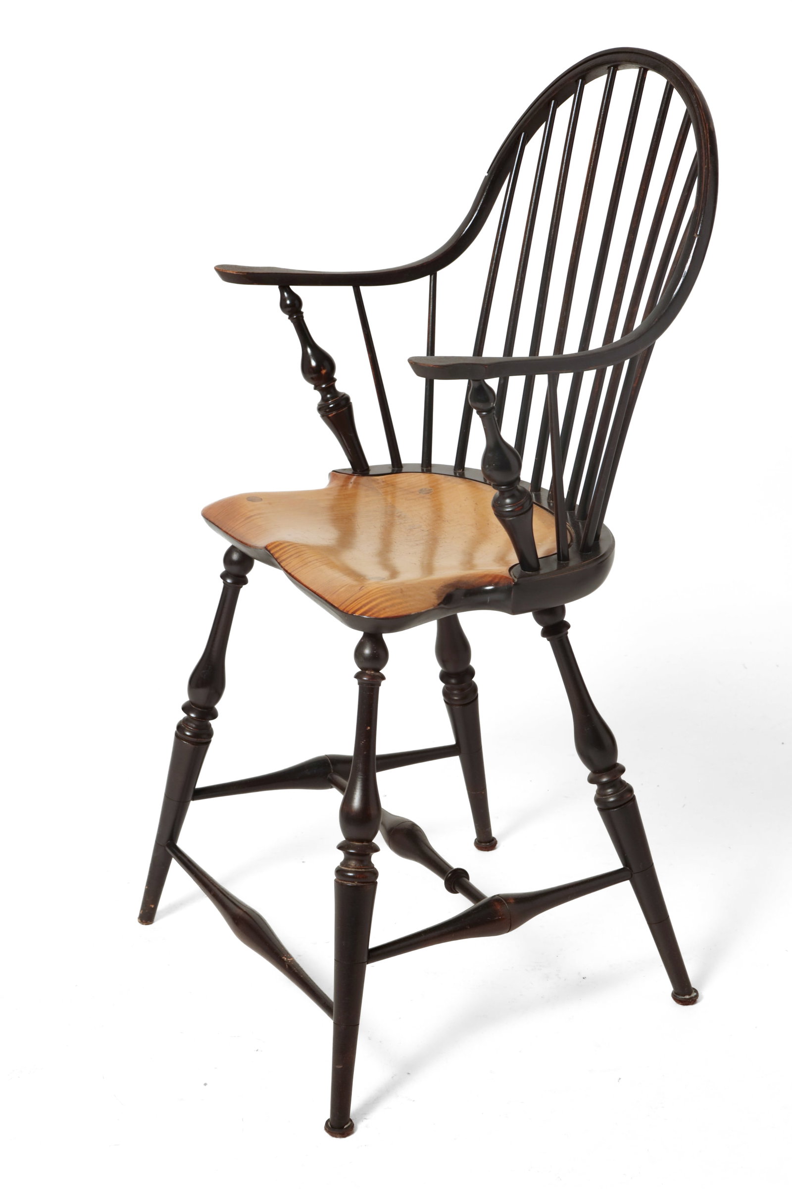 CONTINUOUS-ARM WINDSOR BAR STOOL WITH TIGER MAPLE SEAT AND BLACK PAINT. (1 of 10)