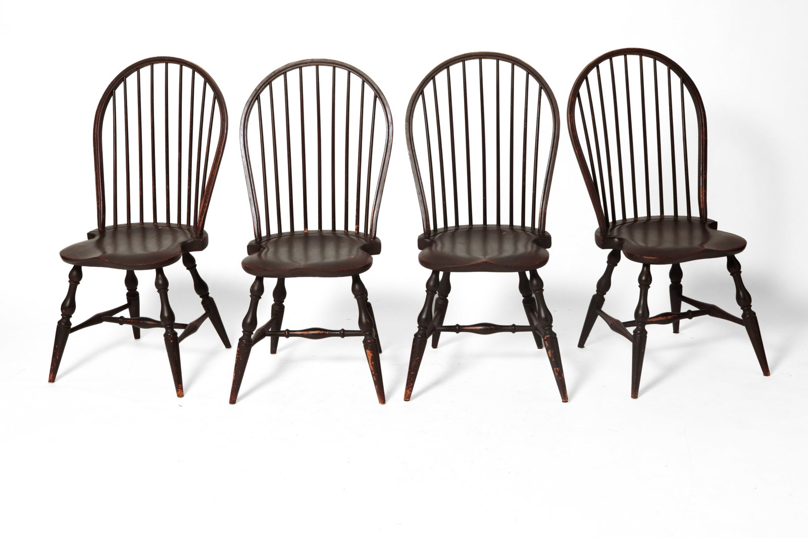 FOUR DAVID T. SMITH BOWBACK WINDSOR SIDE CHAIRS WITH DISTRESSED BLACK PAINT. (1 of 8)