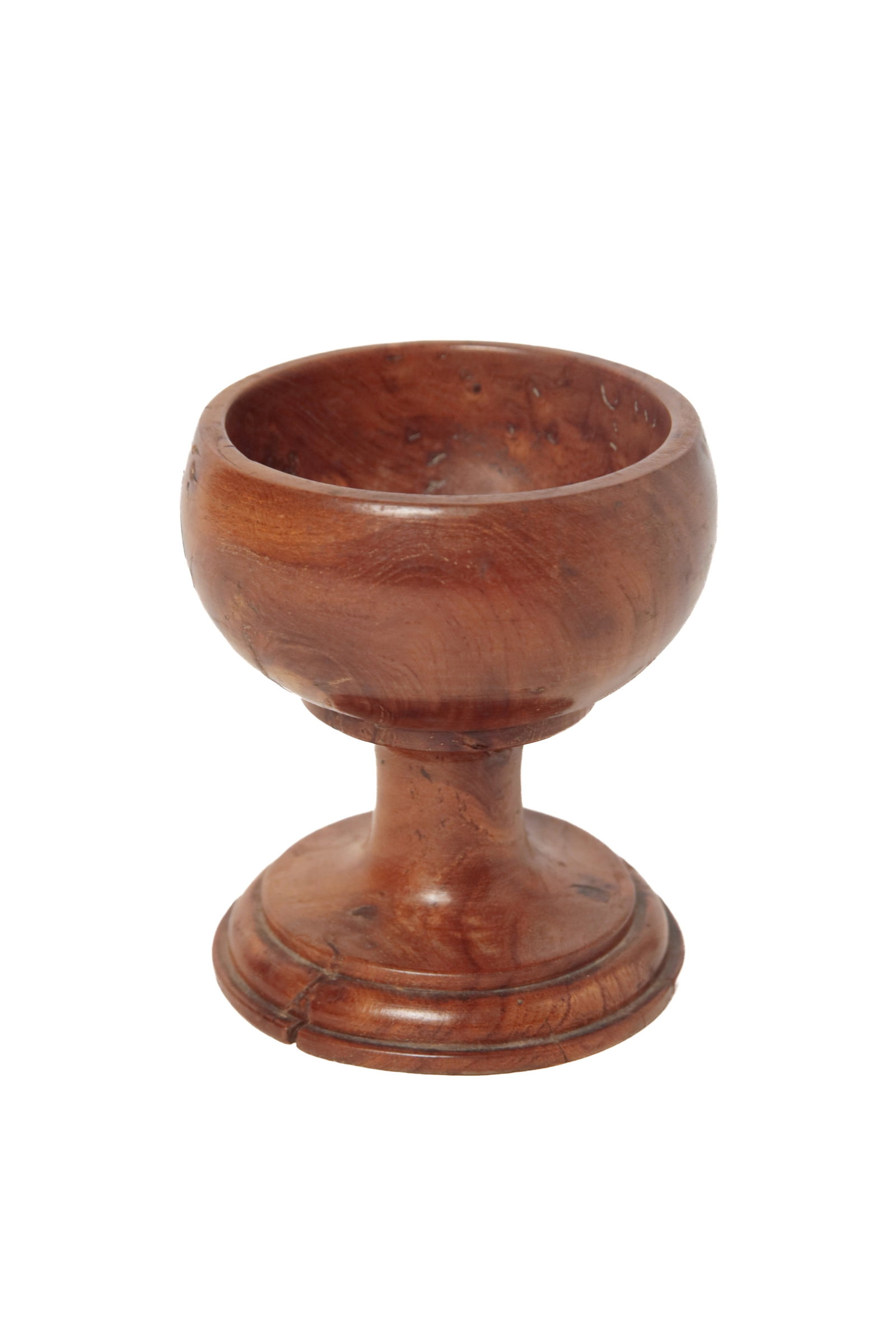 TURNED BURL FOOTED MASTER SALT.: TURNED BURL FOOTED MASTER SALT. American or European, late 19th or early 20th Century. Round footed base, spool style stem, and a turned bowl. 3.5"h. 3"w.