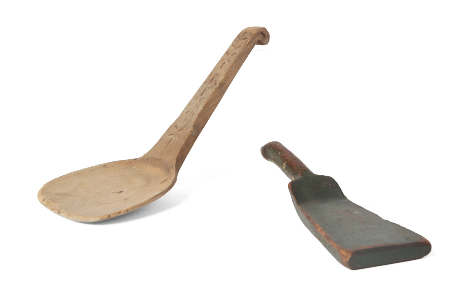 TWO WOOD PADDLES OR SCOOPS.: TWO WOOD PADDLES OR SCOOPS. American, 19th Century. A New York incised and carved scoop with nice patina and decoration on the handle, 11"l., together with a rare form butter paddle or worker with ori