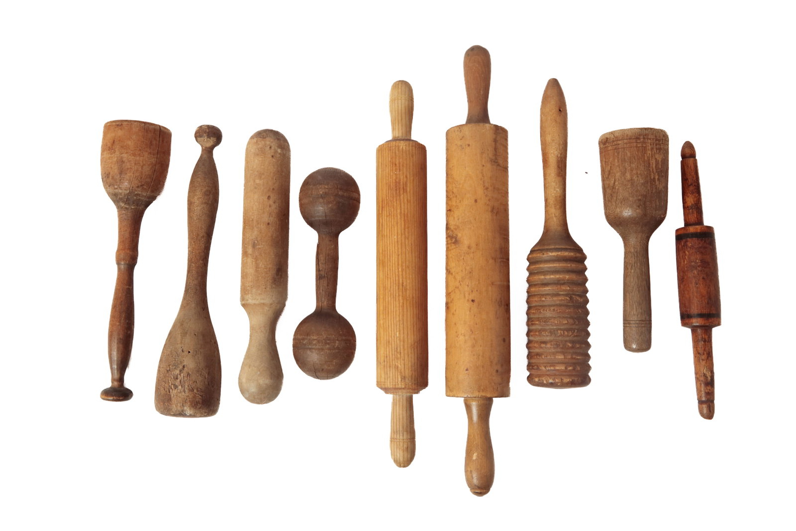 GROUP OF NINE TURNED WOOD KITCHEN UTENSILS, INCL. ROLLING PINS AND MASHERS.: GROUP OF NINE TURNED WOOD KITCHEN UTENSILS, INCL. ROLLING PINS AND MASHERS. American, 19th Century. Comprising three mashers, three rolling pins (one in bird's-eye maple), a pestle, a grooved dipper o