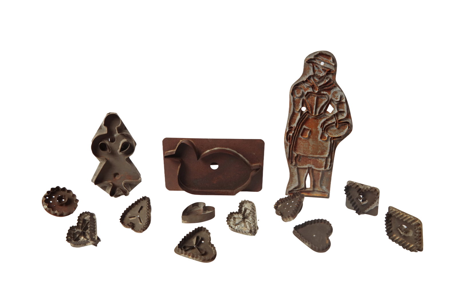 GROUP OF THIRTEEN TINNED SHEET METAL COOKIE CUTTERS, INCL. TWO LARGE FIGURES AND HEARTS. (1 of 11)
