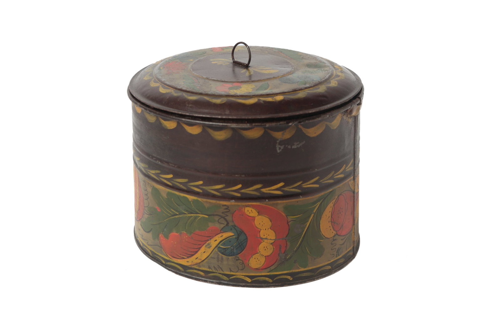 TOLE-DECORATED LIDDED ROUND BOX.: TOLE-DECORATED LIDDED ROUND BOX. American, 19th Century. Original dark paint with bands of polychrome flowers and yellow flourishes, and a ring handle to top. 4.25"h. 6.25"d.