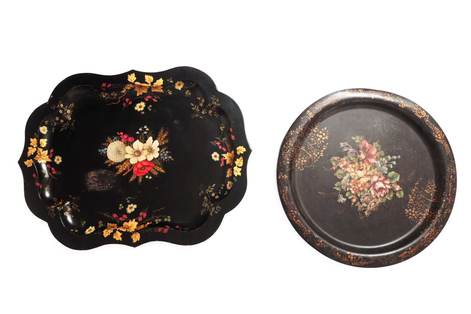 TWO LARGE TOLEWARE TRAYS WITH FLORAL DECORATION. (1 of 4)