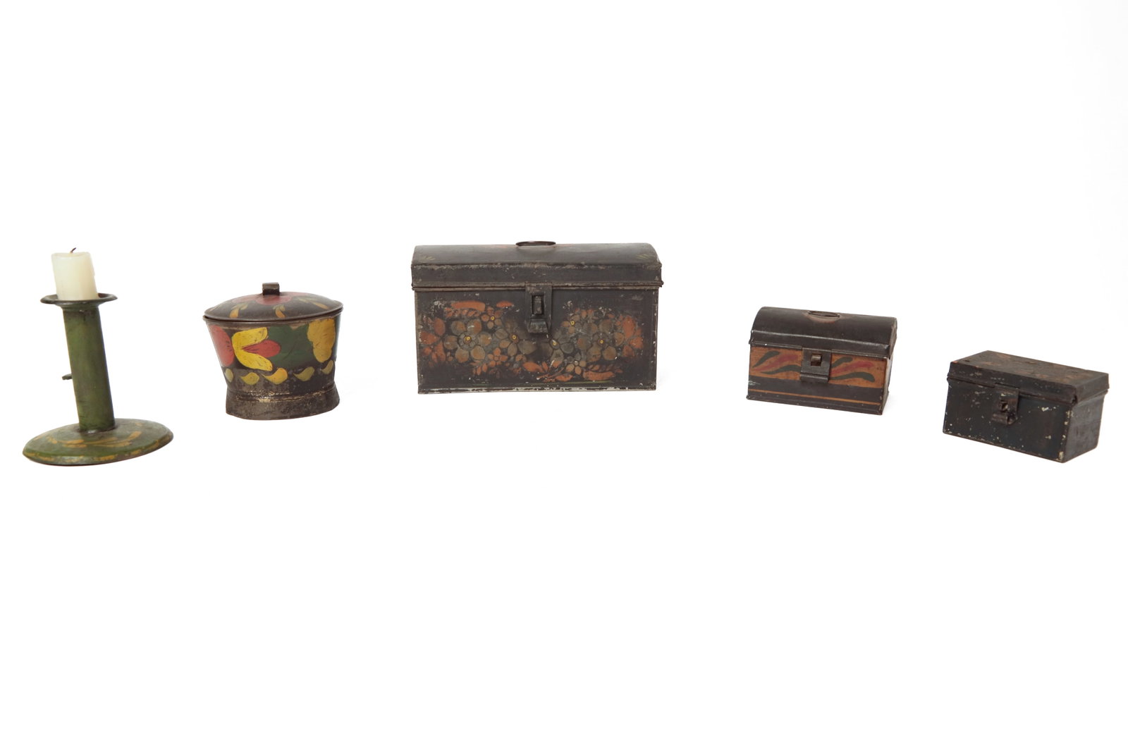 FIVE TOLE-DECORATED ITEMS.: FIVE TOLE-DECORATED ITEMS. American, 19th Century. Three document boxes in various tole decoration; the largest with a slight dome top and a floral stencil to the front, 4.5"h. 8"w., a smaller dometop