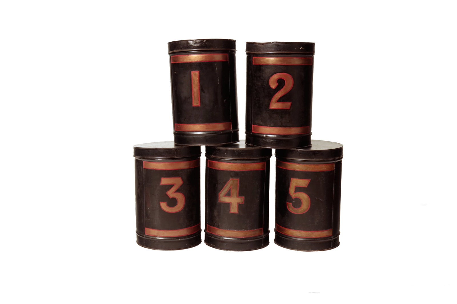 FIVE TOLEWARE LIDDED TEA CANISTERS.: FIVE TOLEWARE LIDDED TEA CANISTERS. American or English, late 19th or early 20th Century. Five cylindrical canisters with black grounds, red-bordered gold numbering and bottom and top borders. Each