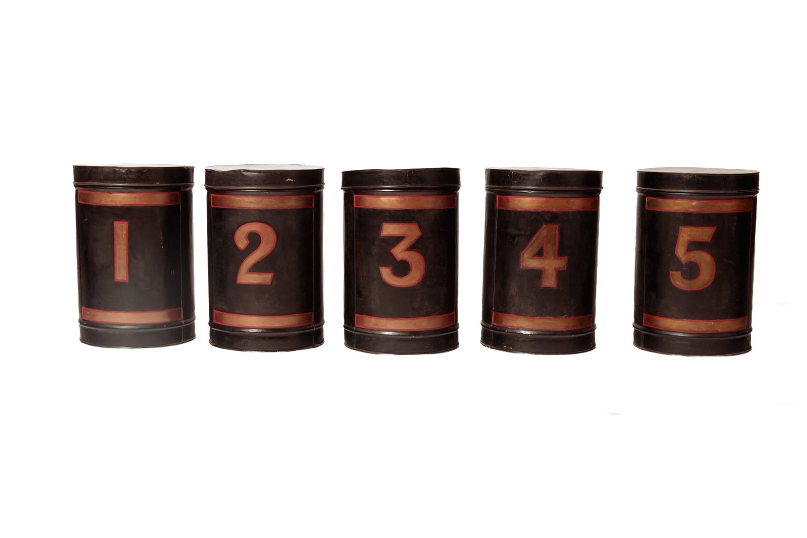 FIVE TOLEWARE LIDDED TEA CANISTERS. - 2
