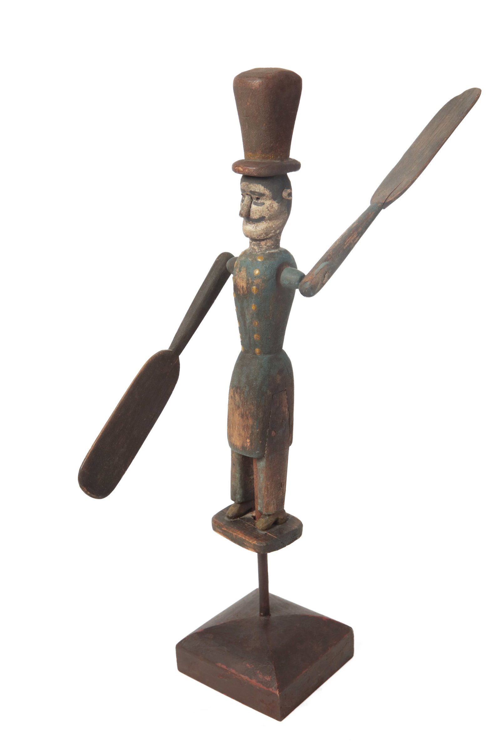 FOLK ART CARVED WHIRLIGIG OF A MAN IN A TOP HAT IN ORIGINAL PAINT. (1 of 8)