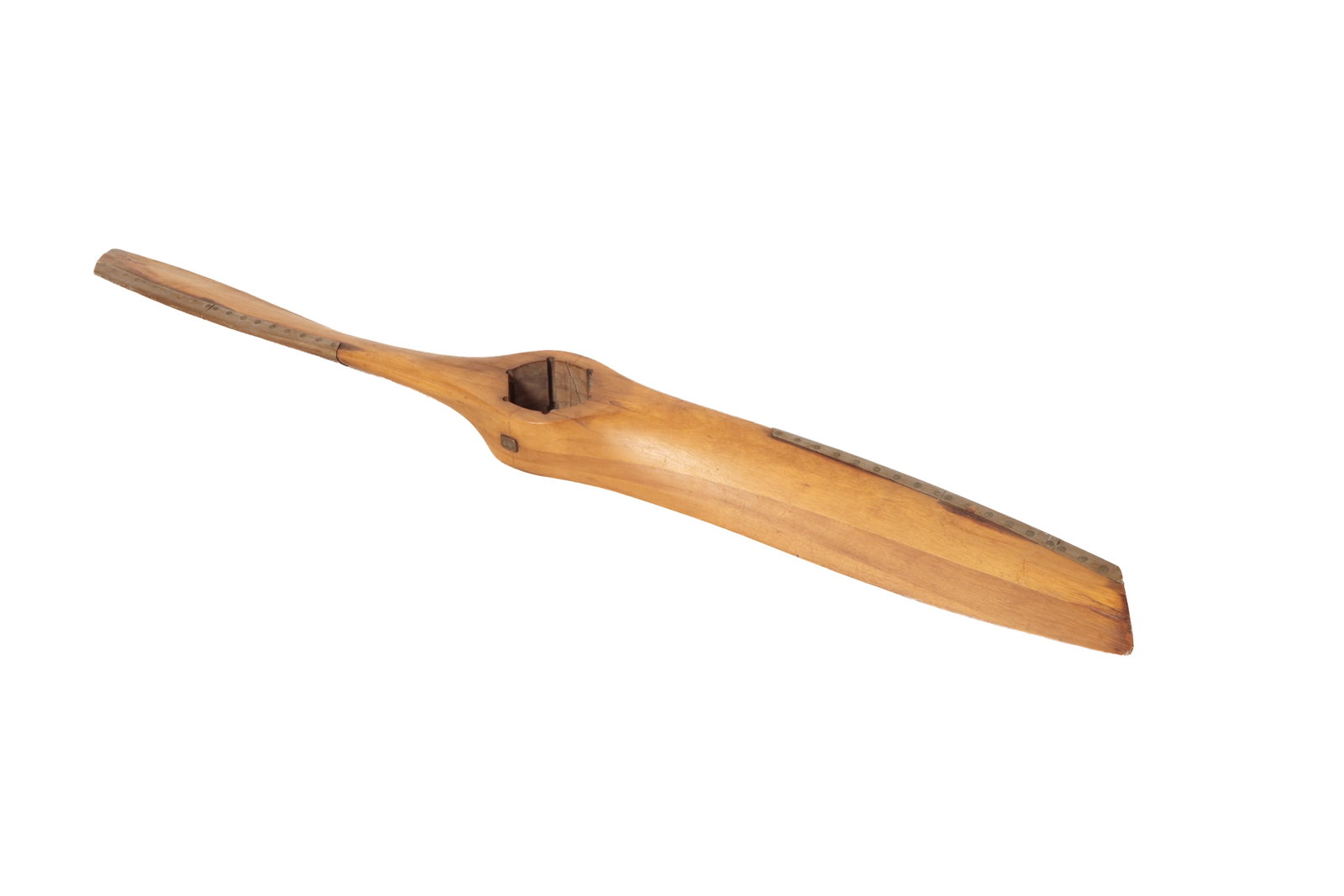 TRAINING AIRPLANE PROPELLER.: TRAINING AIRPLANE PROPELLER. American, 20th Century. Pine. Four laminated layers with metal-clad leading edges. 61"h.