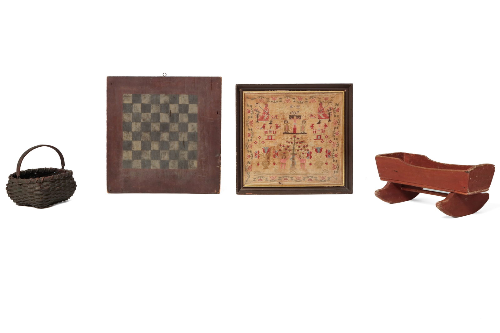 COLLECTION OF FOUR HOUSEHOLD ITEMS, INCL. DOUBLE-SIDED GAMEBOARD.: COLLECTION OF FOUR HOUSEHOLD ITEMS, INCL. DOUBLE-SIDED GAMEBOARD. American, 19th Century. Comprising a black-over-red painted splint basket with bentwood swing handle, a framed Adam and Eve