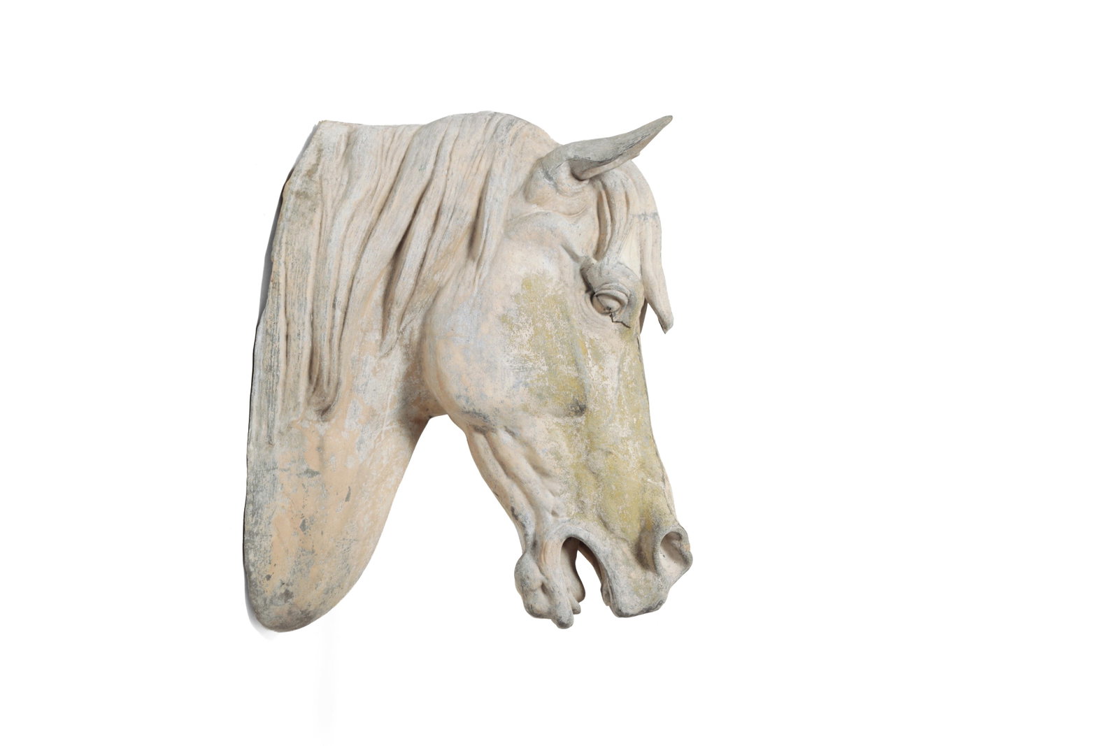 LARGE WALL-MOUNTED HORSE HEAD TRADE SIGN.: LARGE WALL-MOUNTED HORSE HEAD TRADE SIGN. French, late 19th Century. Zinc. Large horse head with a flowing mane, mouth slightly open, and with traces of old gilding. 23"h. 13.75"w.