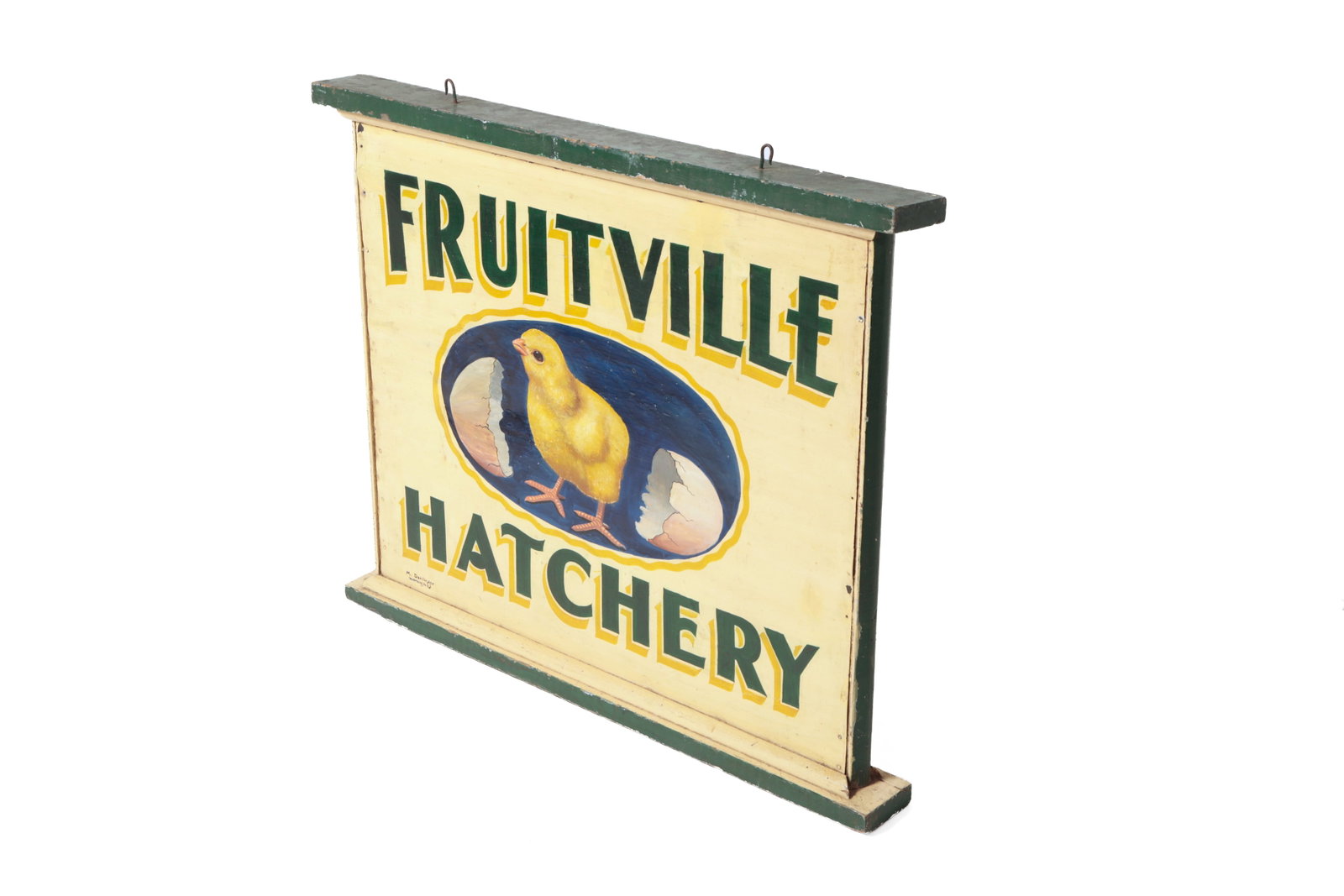 DOUBLE-SIDED "FRUITVILLE HATCHERY" TRADE SIGN.: DOUBLE-SIDED "FRUITVILLE HATCHERY" TRADE SIGN. American, 20th Century. Rectangular hanging, wood-framed sign, tin panels with a cream-painted background, a blue oval with a hatched chick in the