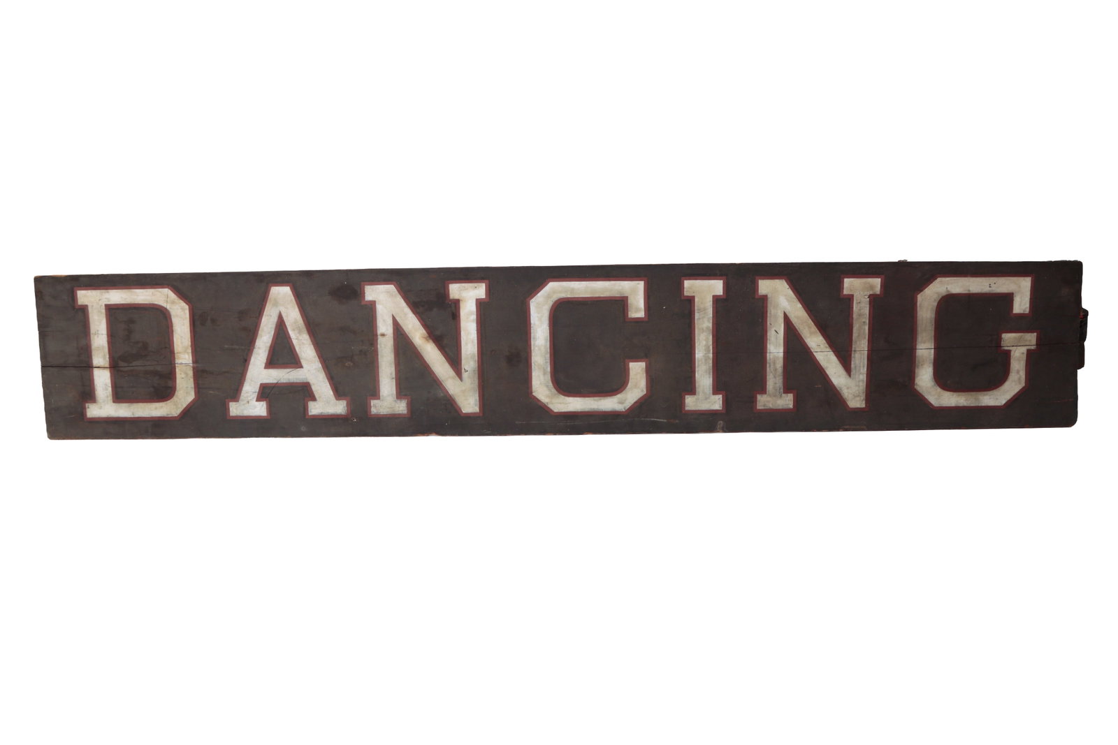 LARGE PAINTED AND SMALTZED "DANCING" SIGN.: LARGE PAINTED AND SMALTZED "DANCING" SIGN. American, late 19th or early 20th Century. Long, rectangular sign, black ground with worn smaltzing, white block letters with red trim reading "DANCING".